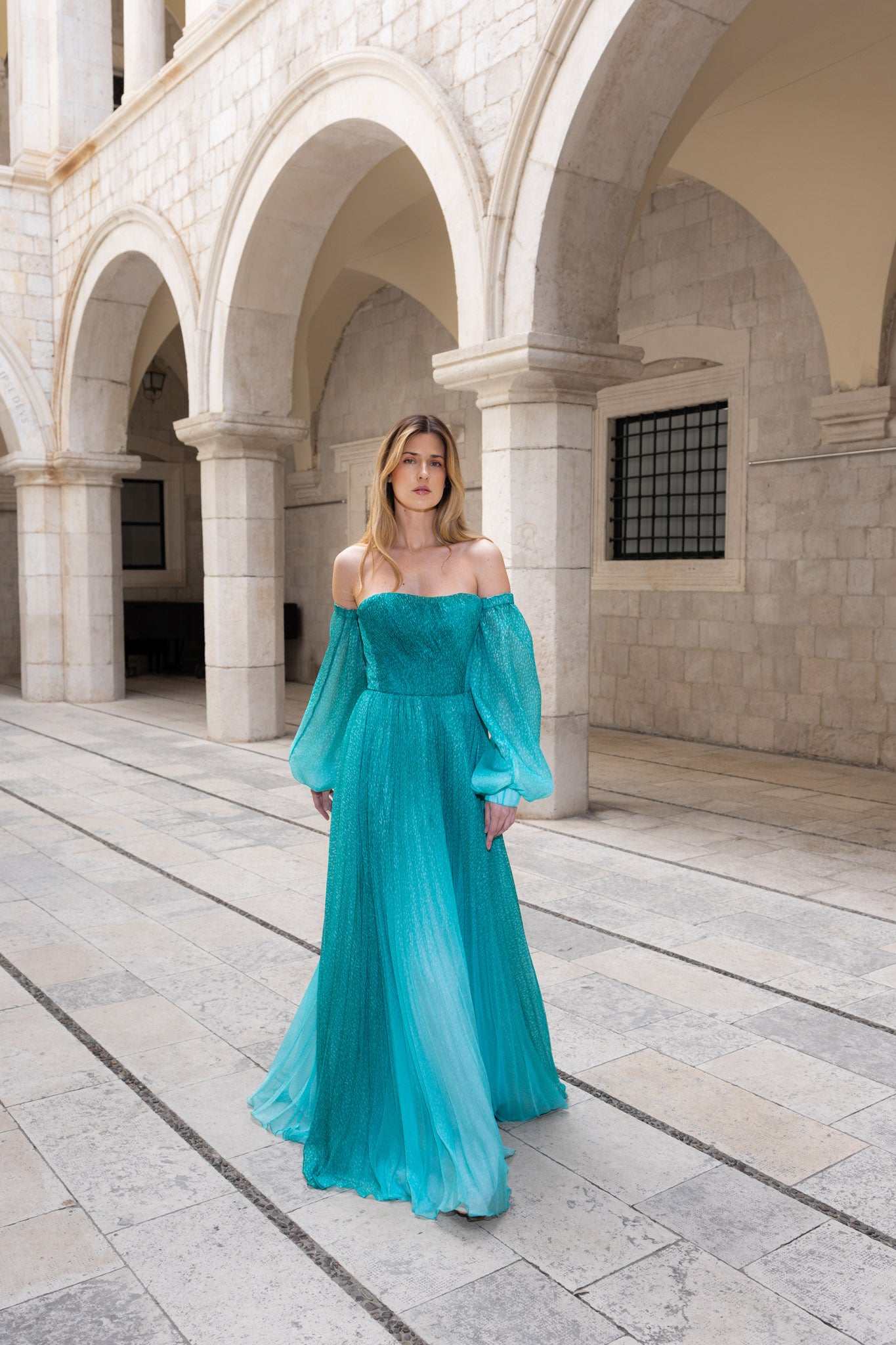 Mint Teal Degradé Pleated Chiffon Off-Shoulder Dress and Bosancica Pattern