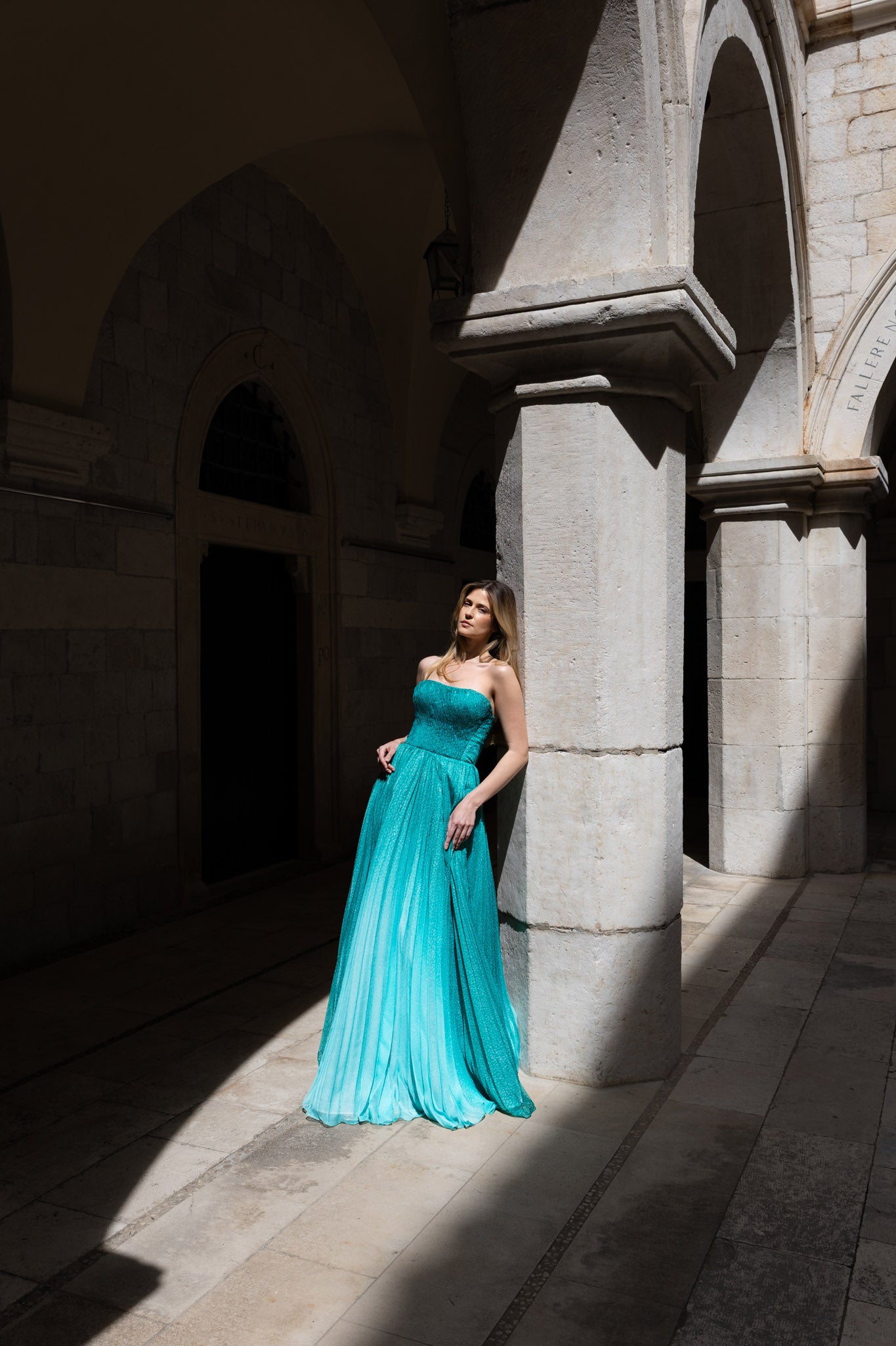 Mint Teal Degradé Pleated Chiffon Off-Shoulder Dress and Bosancica Pattern
