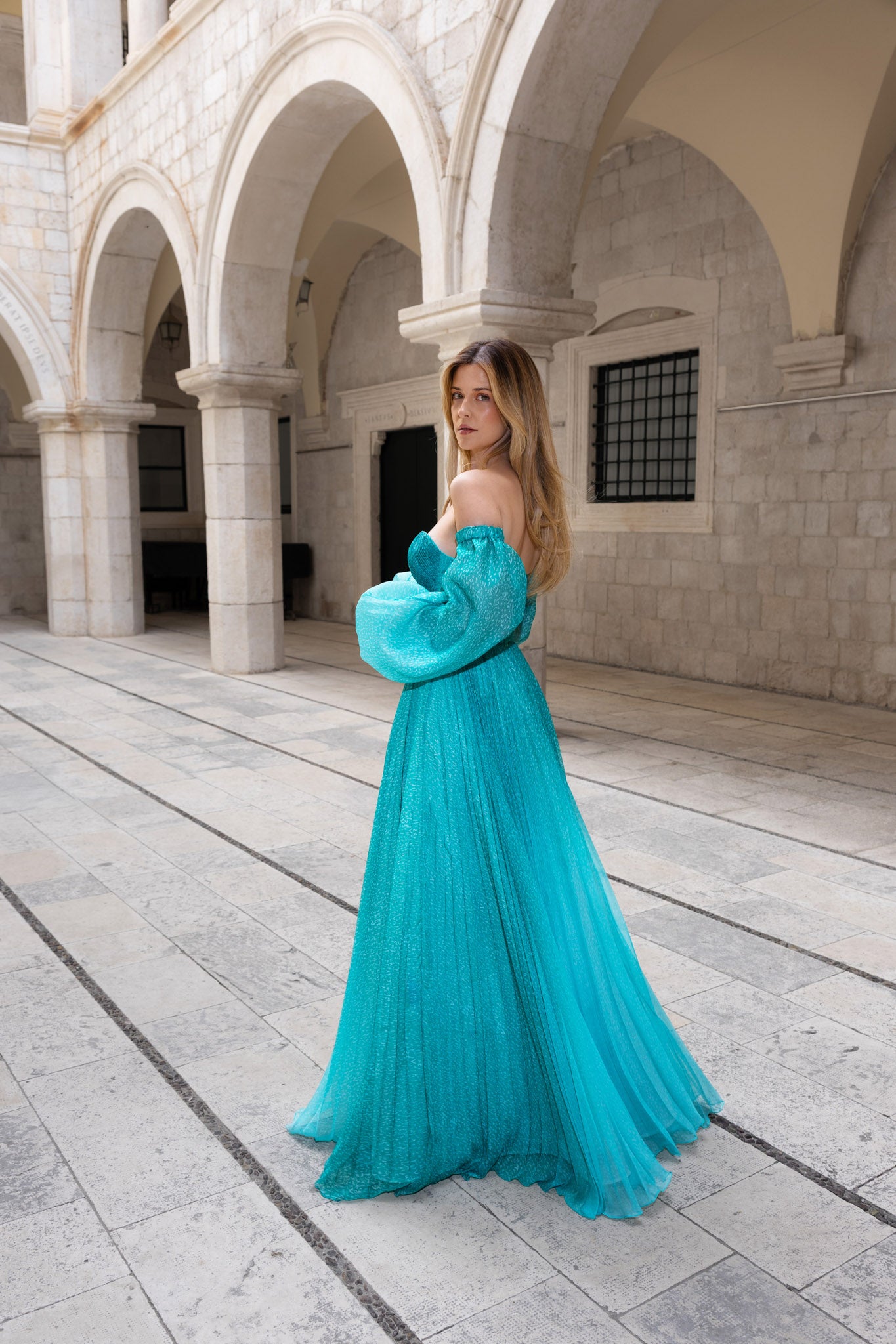 Mint Teal Degradé Pleated Chiffon Off-Shoulder Dress and Bosancica Pattern