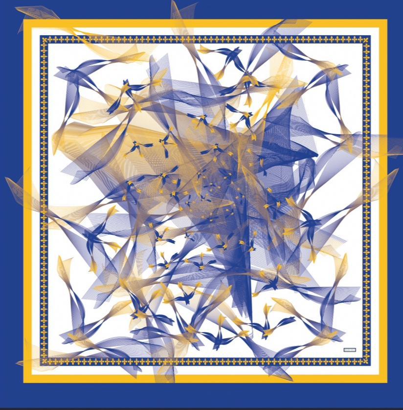White, Blue and Yellow Lilium Bosniacum Silk Twill Scarf