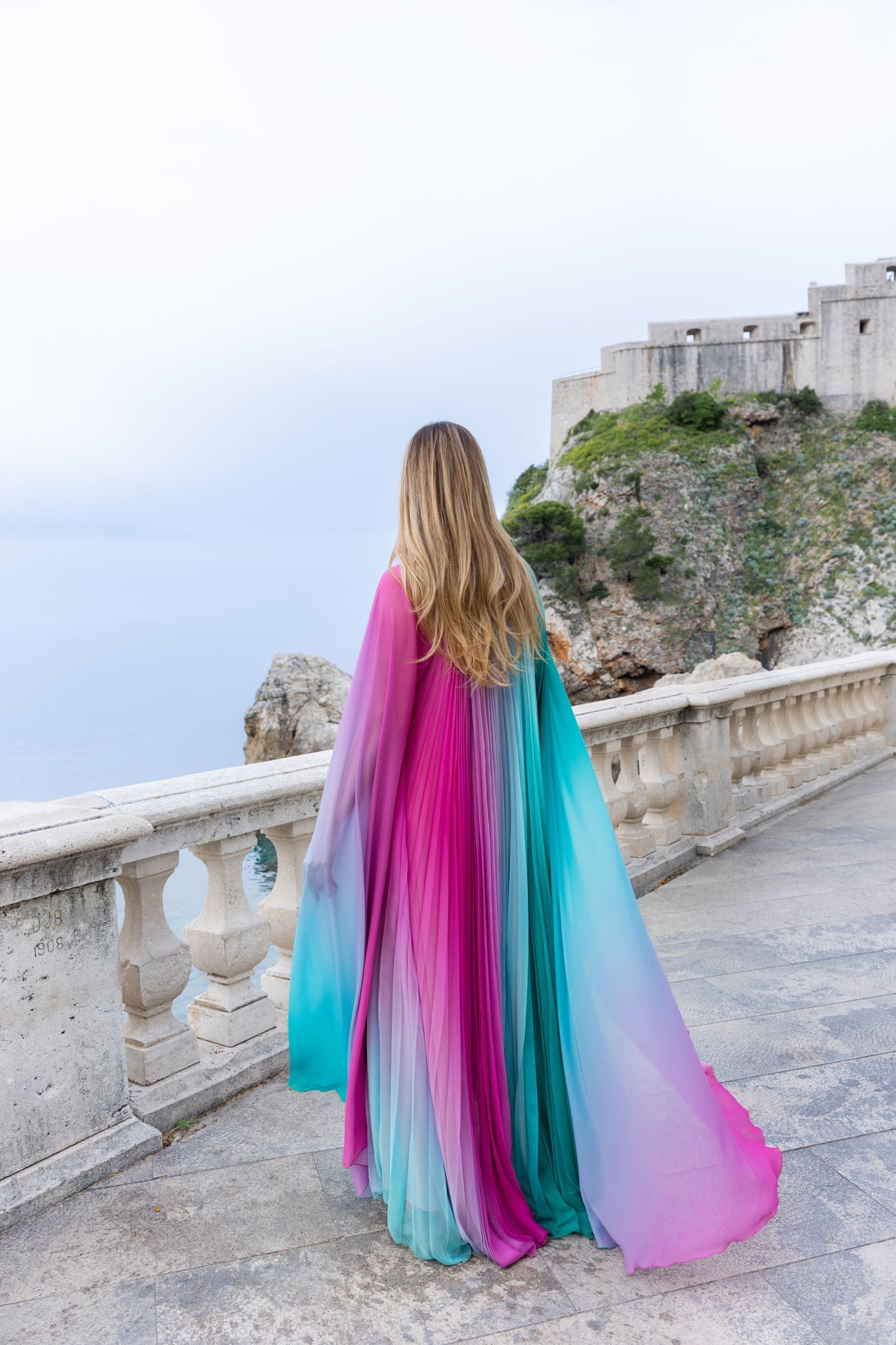 Pink Rose and Mint Degradé Pleated Chiffon Long Draped Sleeves Gown