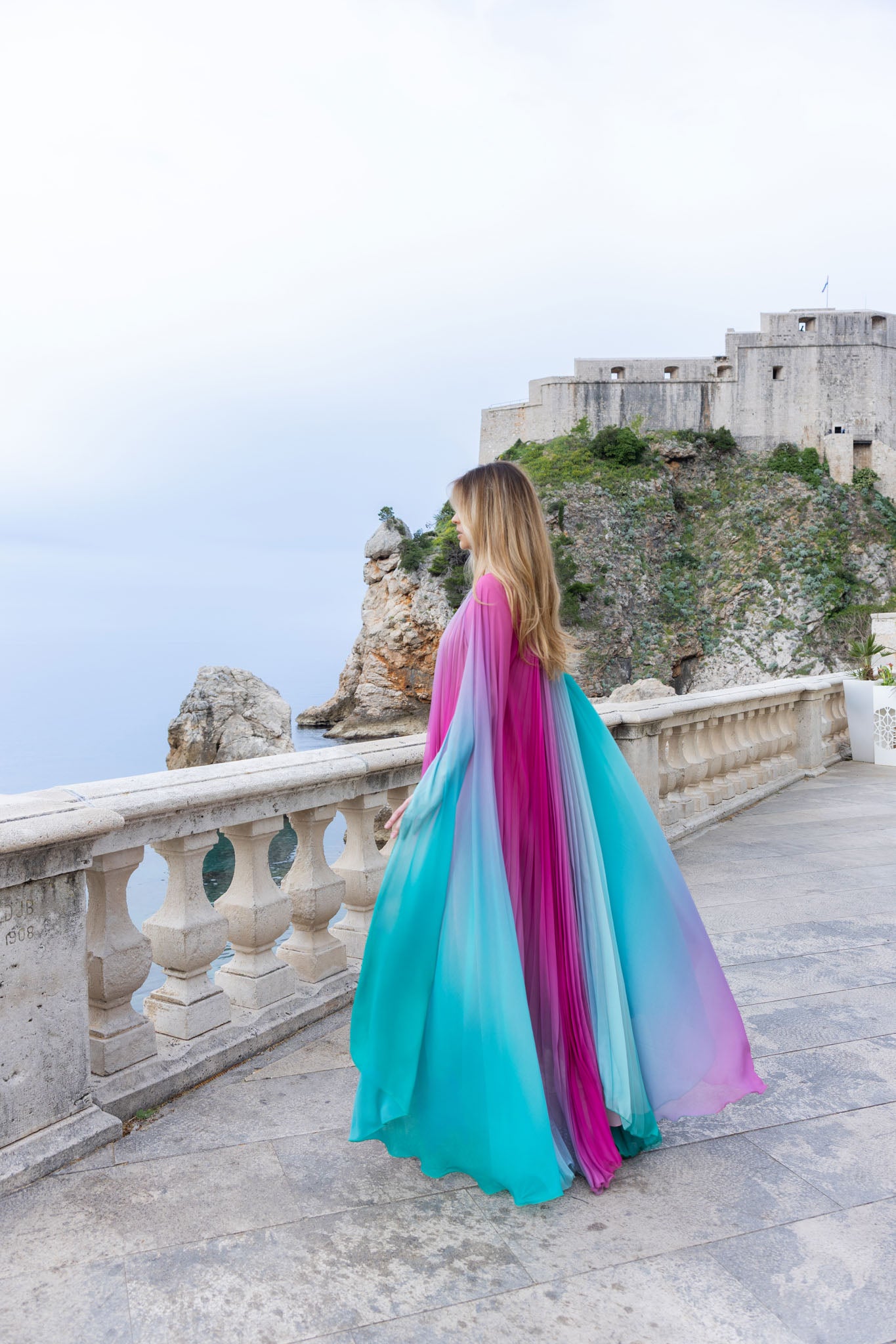Pink Rose and Mint Degradé Pleated Chiffon Long Draped Sleeves Gown