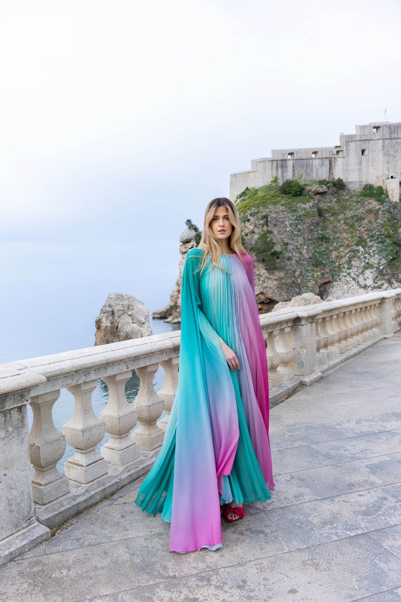 Pink Rose and Mint Degradé Pleated Chiffon Long Draped Sleeves Gown
