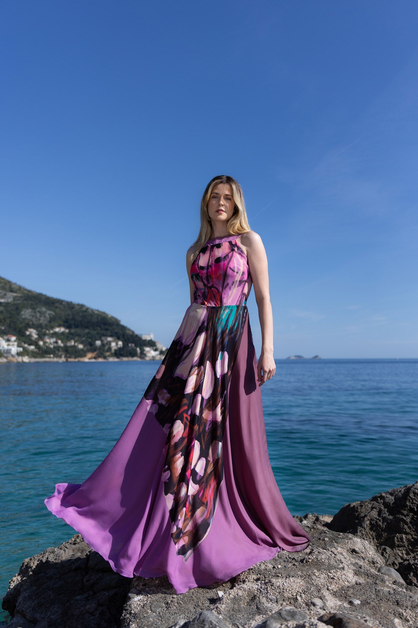 Purple and Rose Pink Butterfly Print Chiffon Dress
