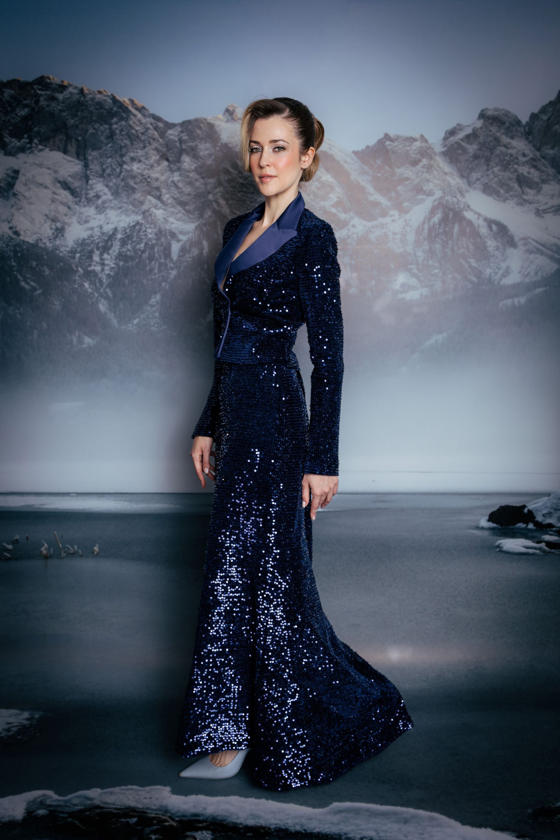 Navy Blue Sequin Velvet Maxi Skirt