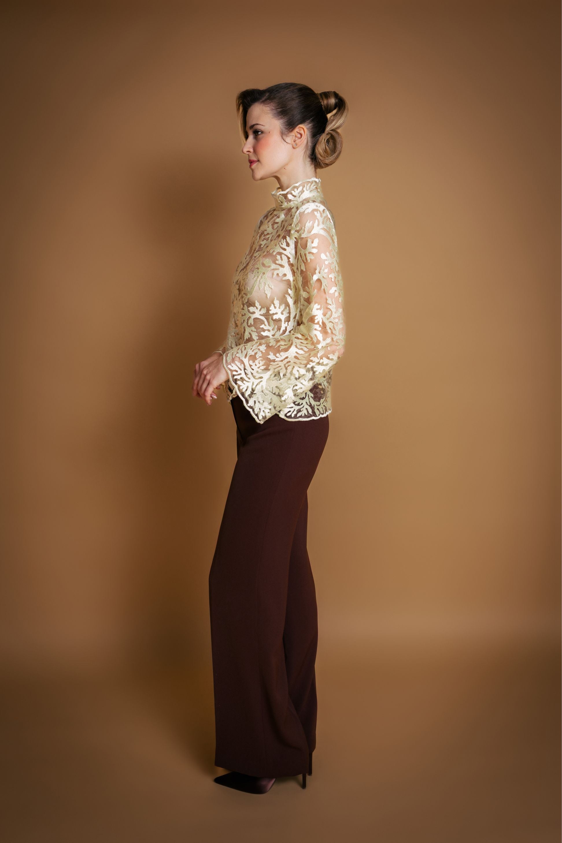 Walnut Brown Pleated Straight Leg Trousers