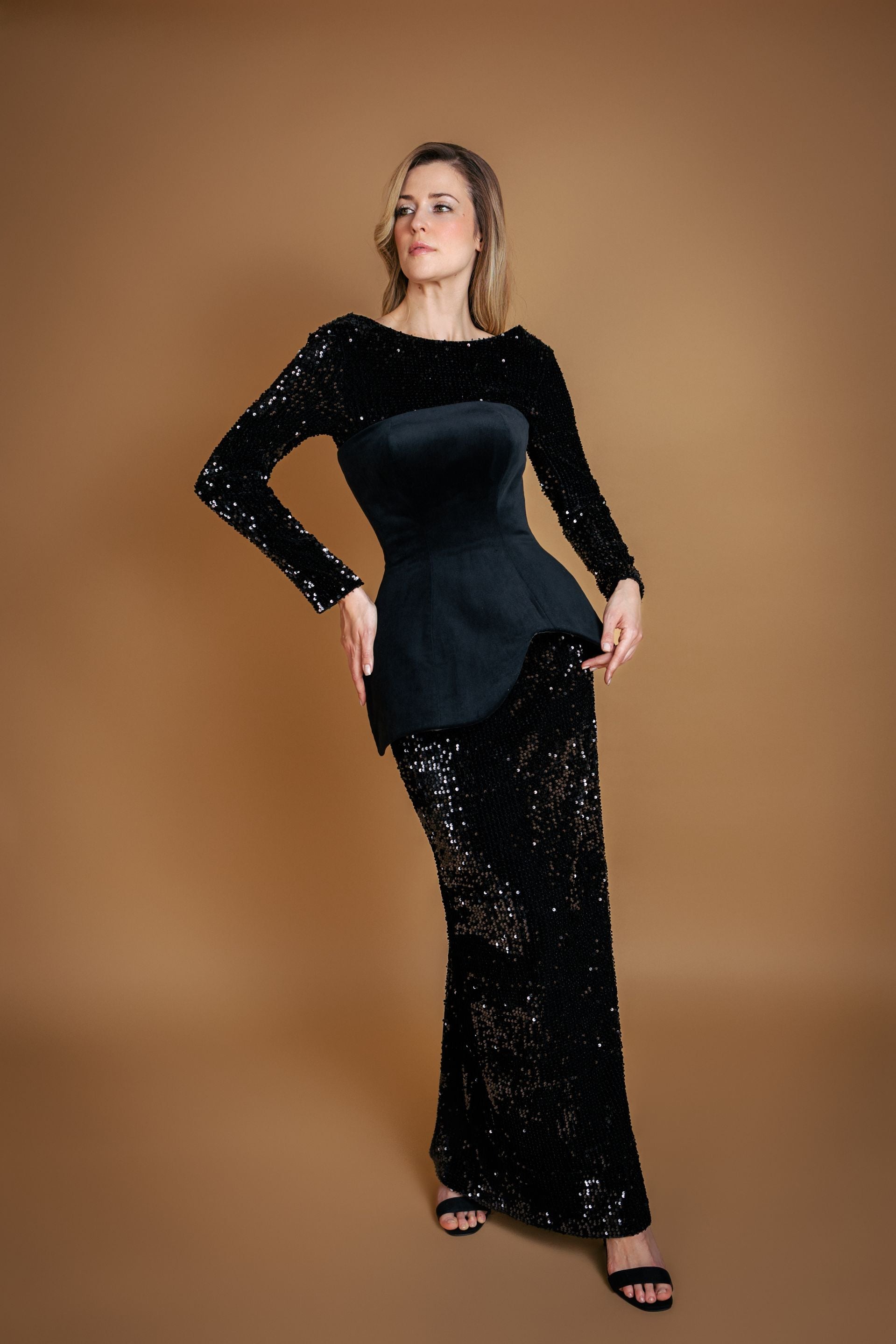 Black Sequin Velvet Open Back Dress