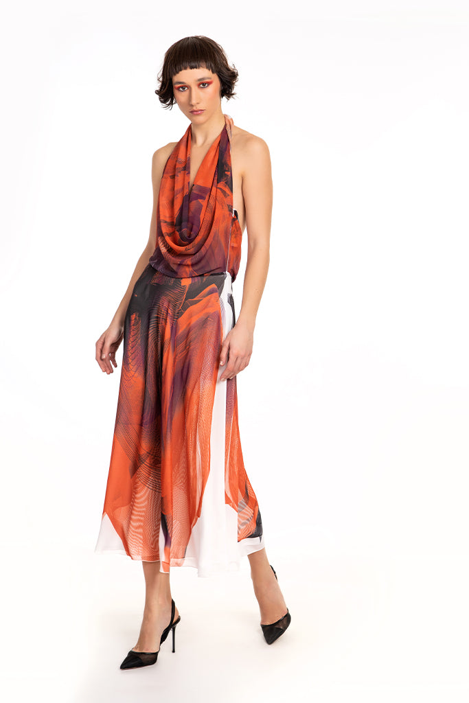 Black White Orange Plunging Neck Expanding Chiffon Dress