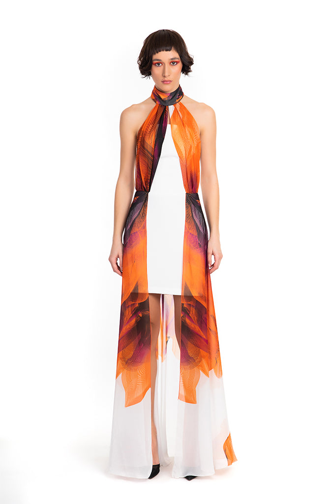 Black White Orange Plunging Neck Expanding Chiffon Dress
