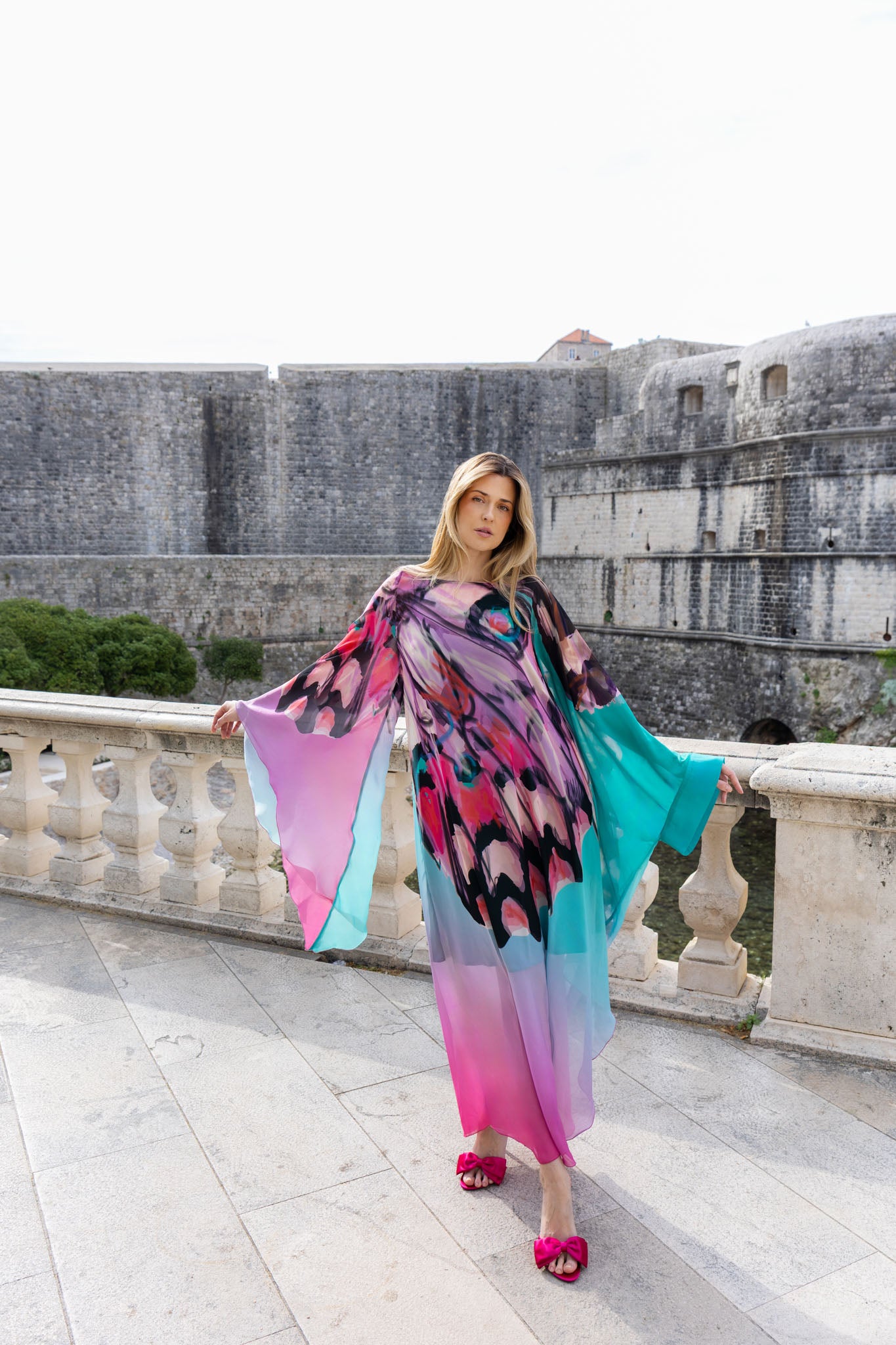 Turquoise and Fuchsia Butterfly Custom Print Chiffon Maxi Dress