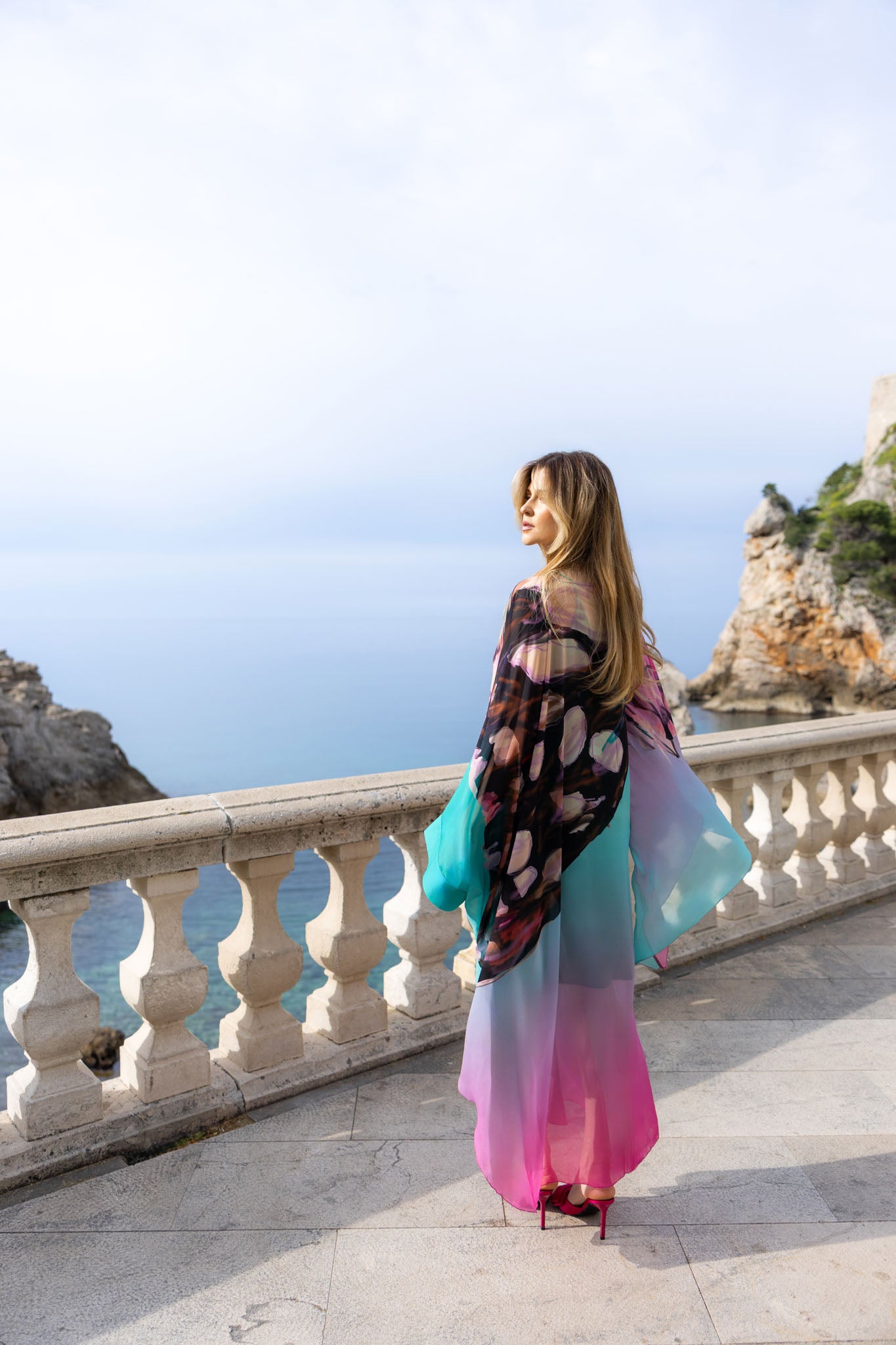 Turquoise and Fuchsia Butterfly Custom Print Chiffon Maxi Dress