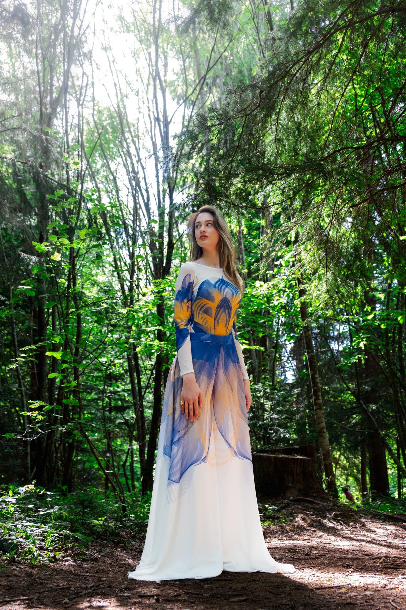 White, Blue and Yellow Lilium Bosniacum Print Chiffon Wide Leg Trousers