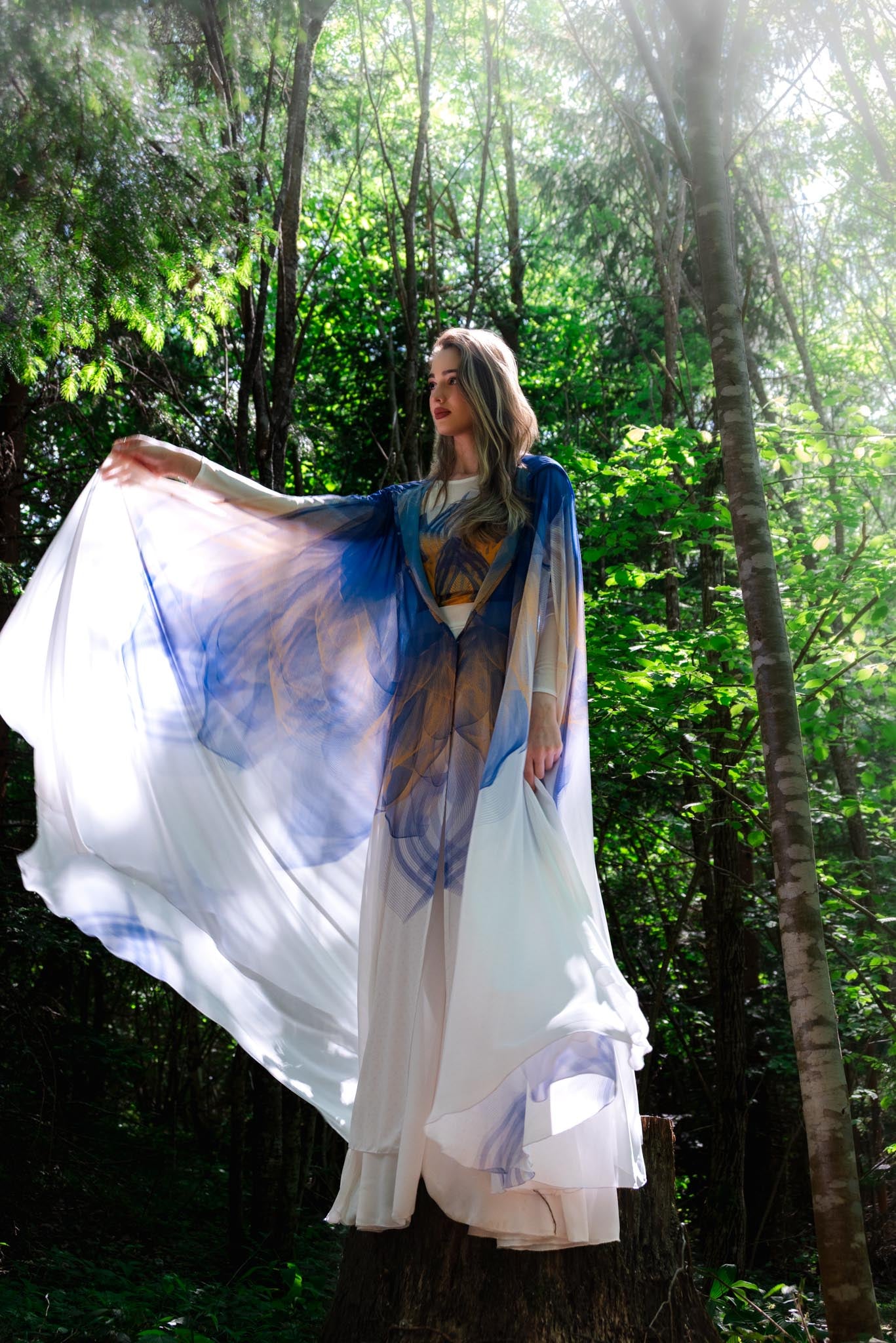 White, Blue and Yellow Lilicum Bosniacum Custom Print Hooded Abaya Cape