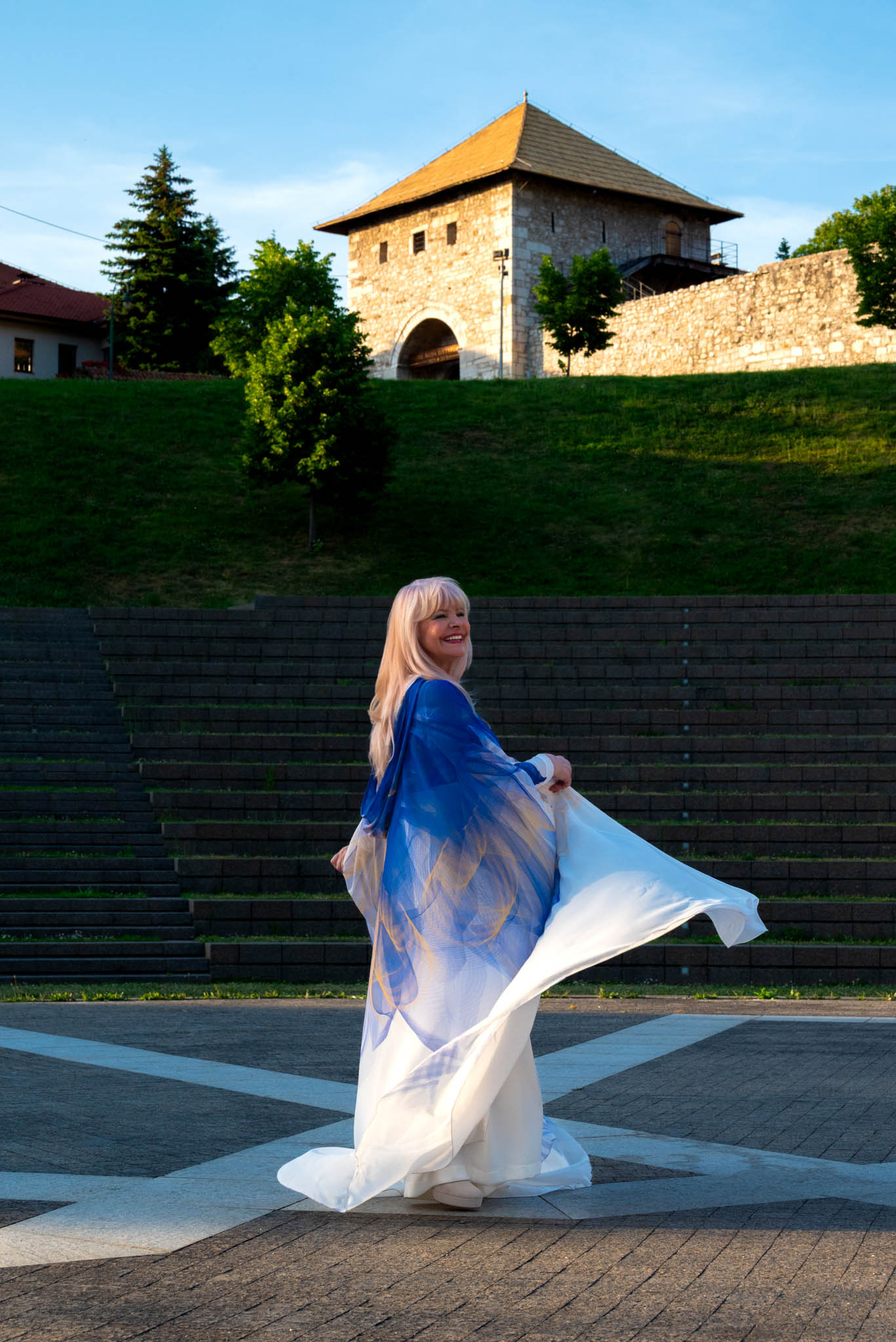White, Blue and Yellow Lilicum Bosniacum Custom Print Hooded Abaya Cape