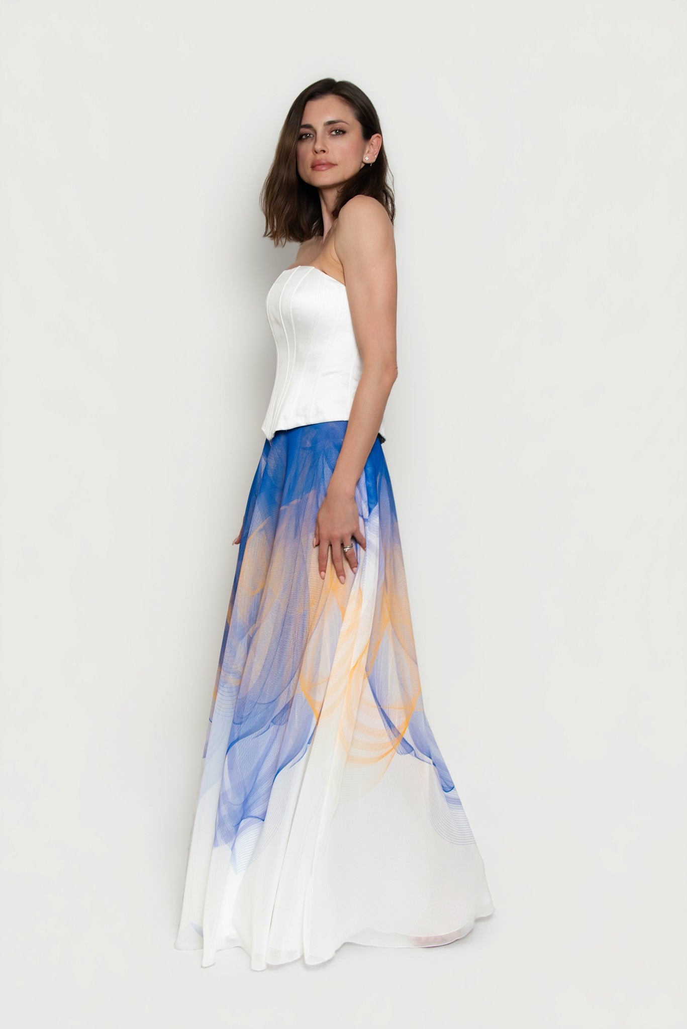 White, Blue and Yellow Lilium Bosniacum  Print Chiffon Maxi Skirt