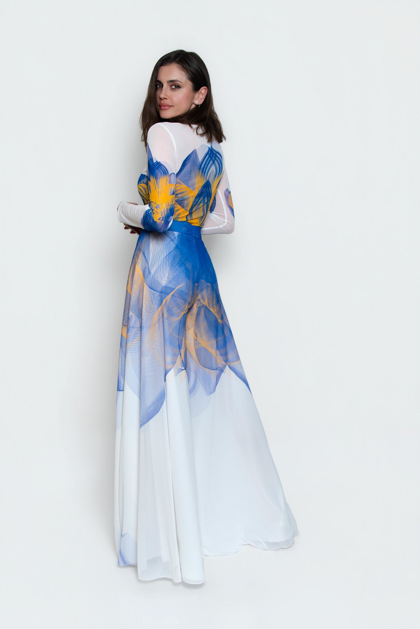 White, Blue and Yellow Lilicum Bosniacum Print Bodysuit