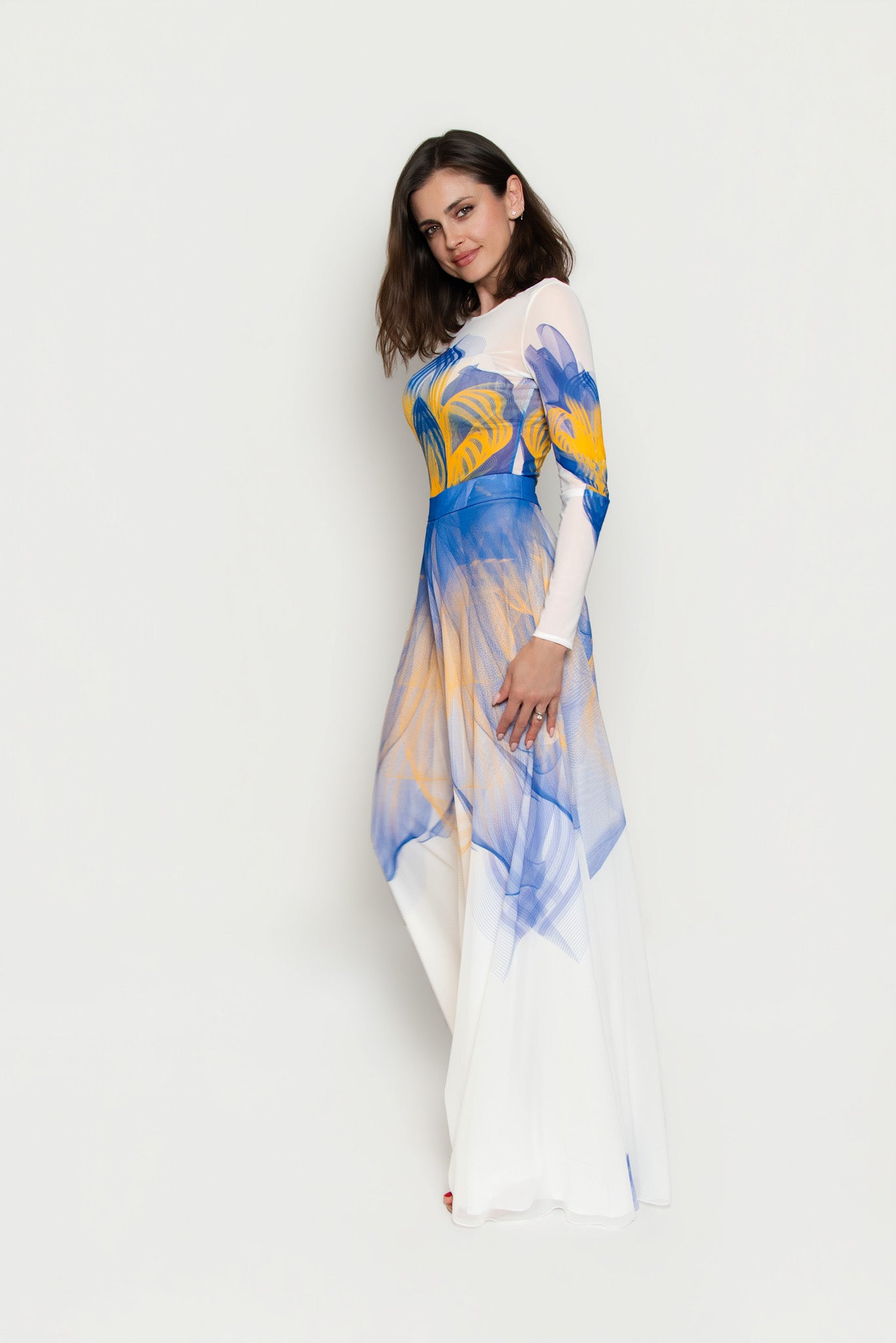 White, Blue and Yellow Lilium Bosniacum Print Chiffon Wide Leg Trousers