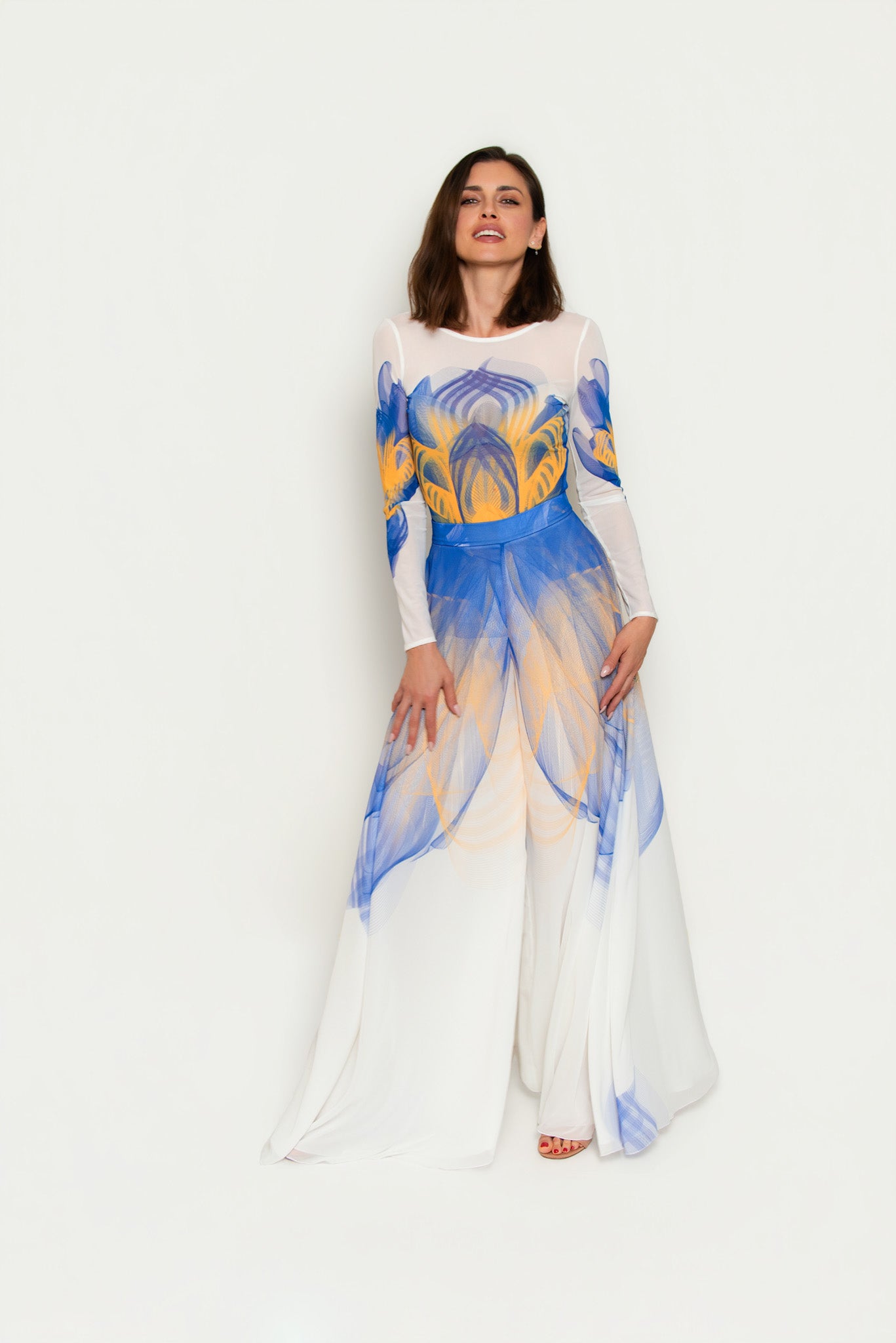 White, Blue and Yellow Lilium Bosniacum Print Chiffon Wide Leg Trousers