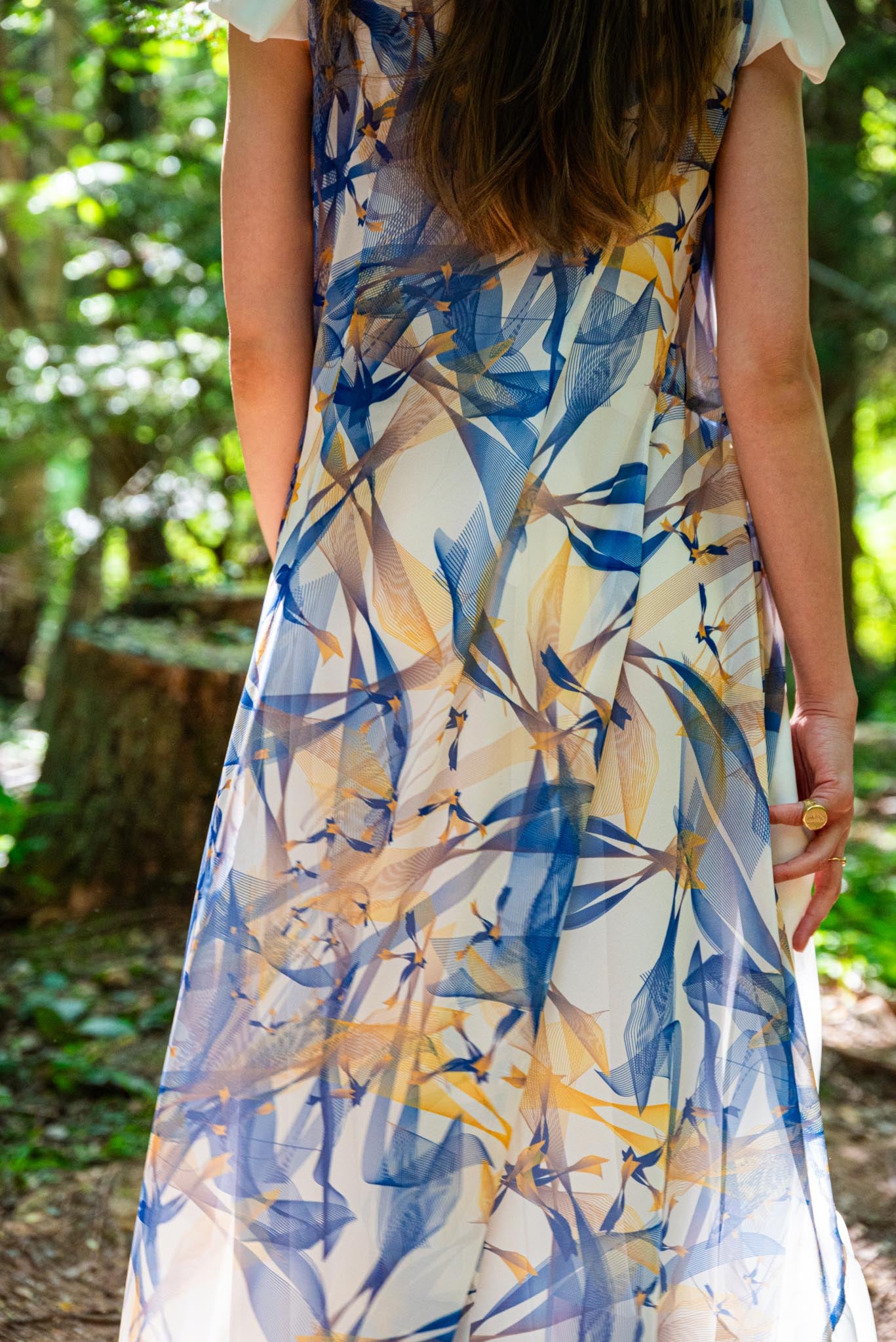 White, Blue and Yellow Lilium Bosniacum Bird Print Dress