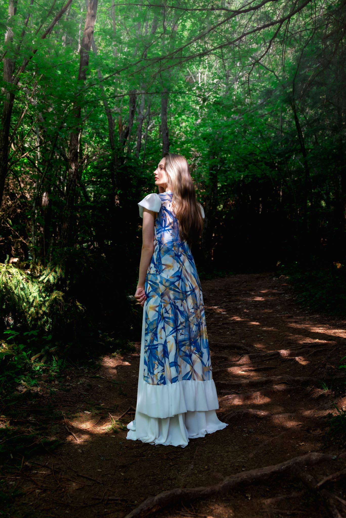 White, Blue and Yellow Lilium Bosniacum Bird Print Dress