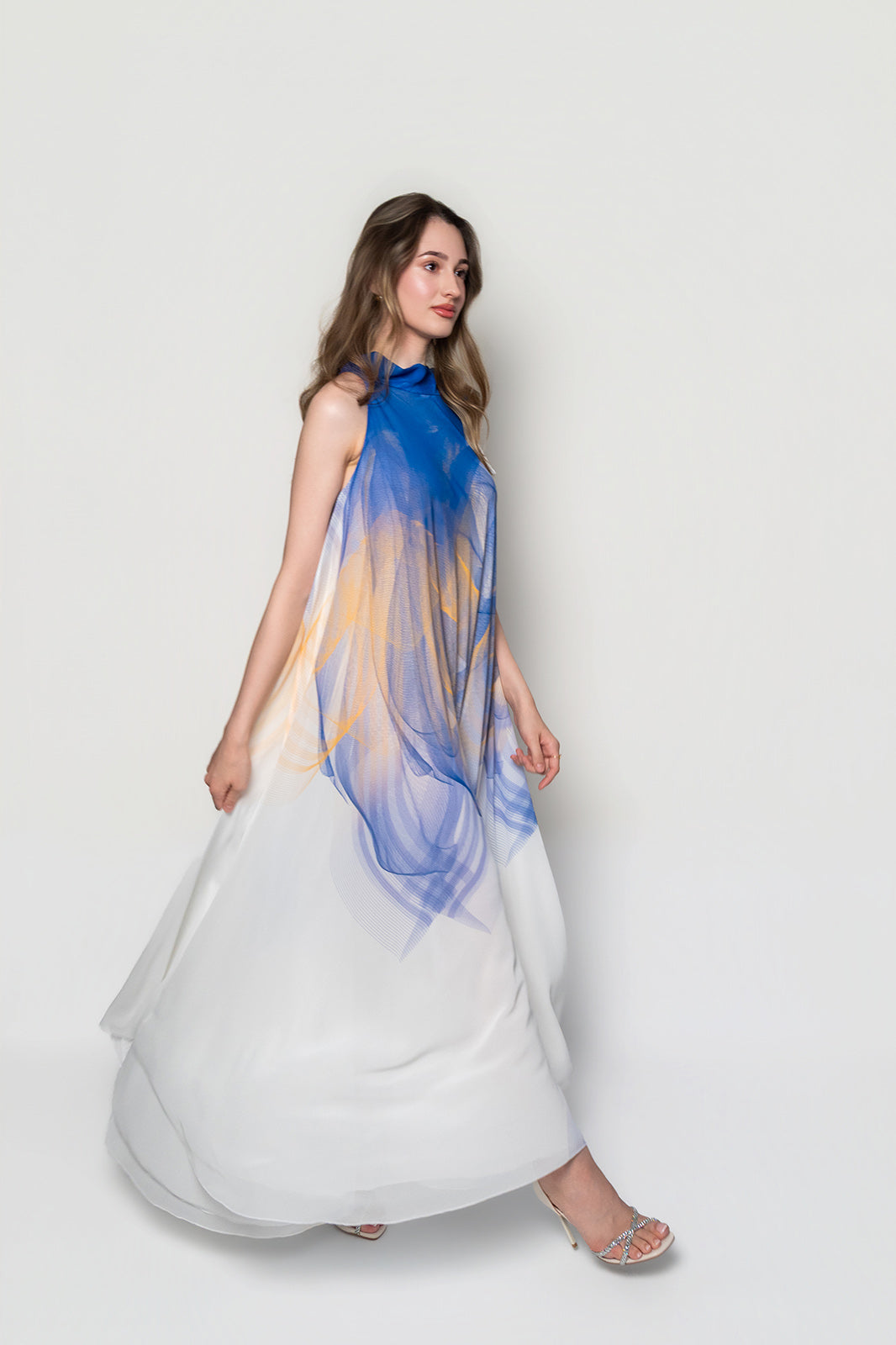 White,Blue and Yellow Lilium Bosniacum Chiffon Summer Dress