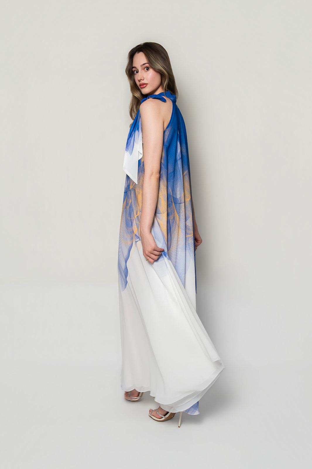 White,Blue and Yellow Lilium Bosniacum Chiffon Summer Dress