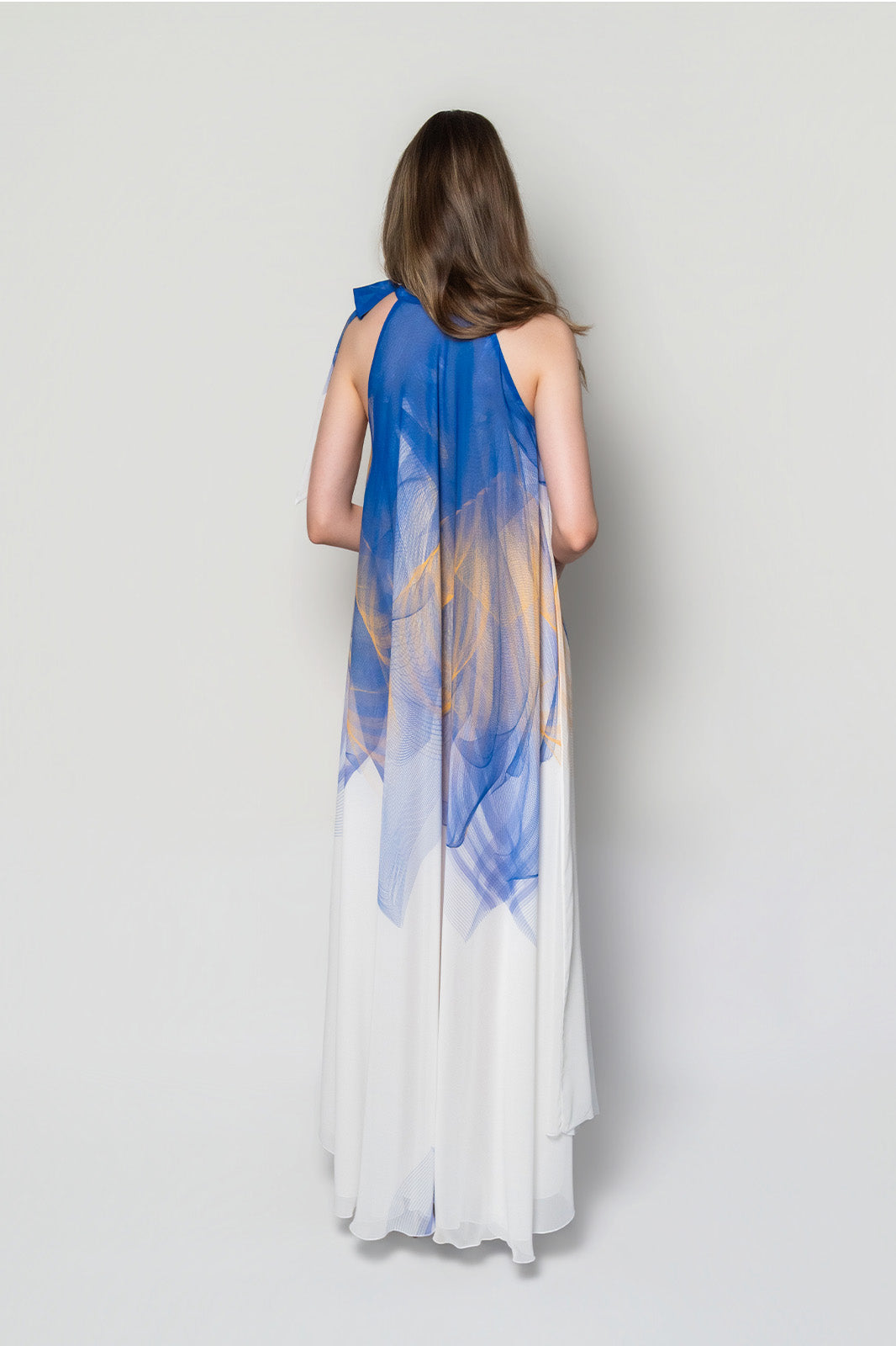 White,Blue and Yellow Lilium Bosniacum Chiffon Summer Dress