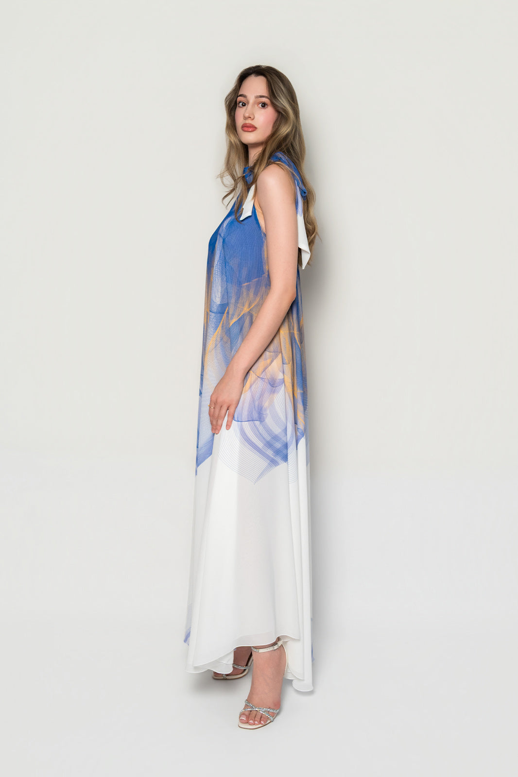 White,Blue and Yellow Lilium Bosniacum Chiffon Summer Dress