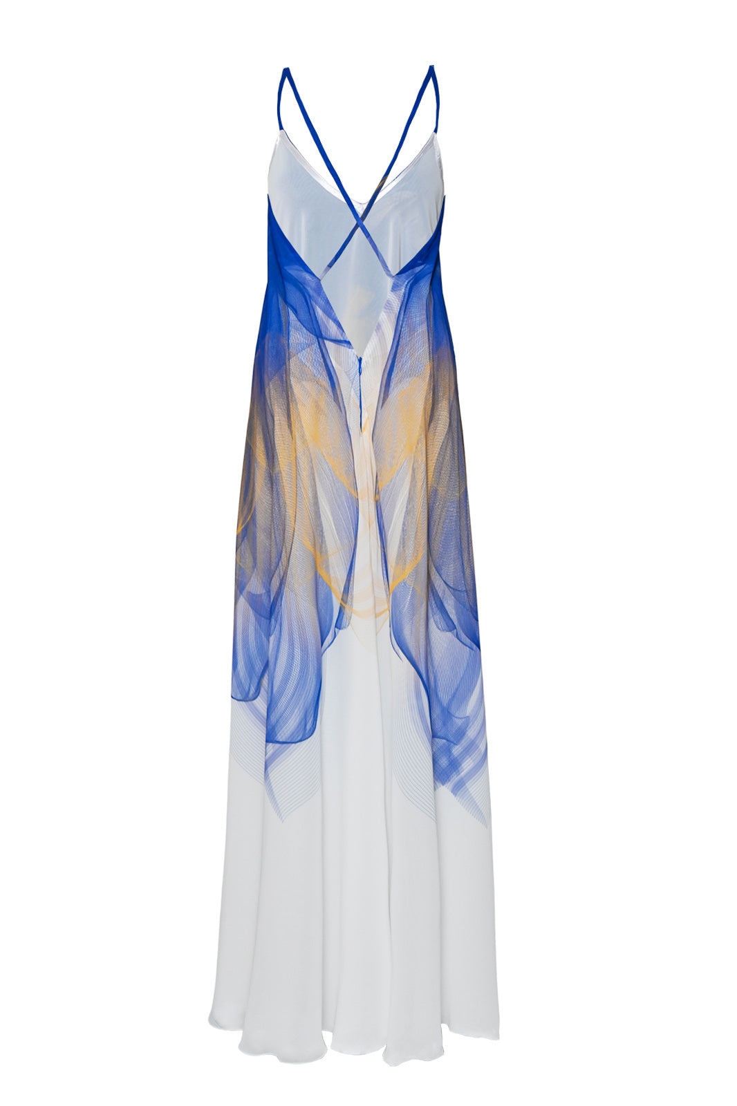 White, Blue and Yellow Lilium Bosniacum Gradient Chiffon Maxi Dress