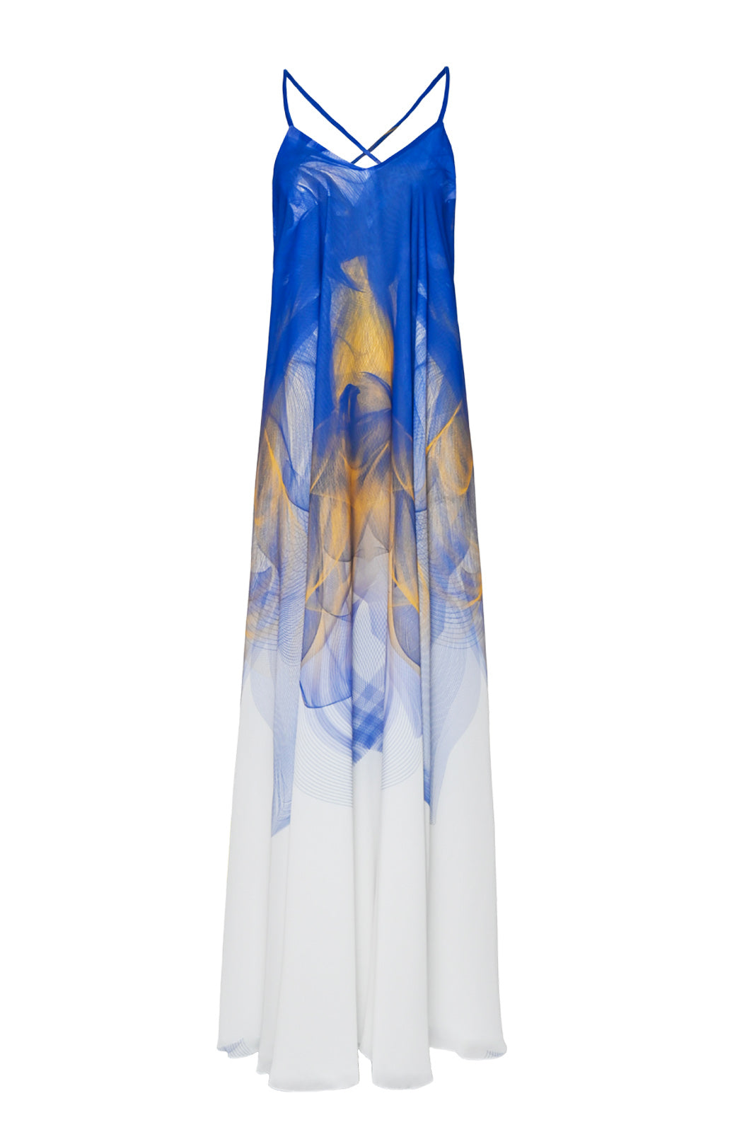 White, Blue and Yellow Lilium Bosniacum Gradient Chiffon Maxi Dress