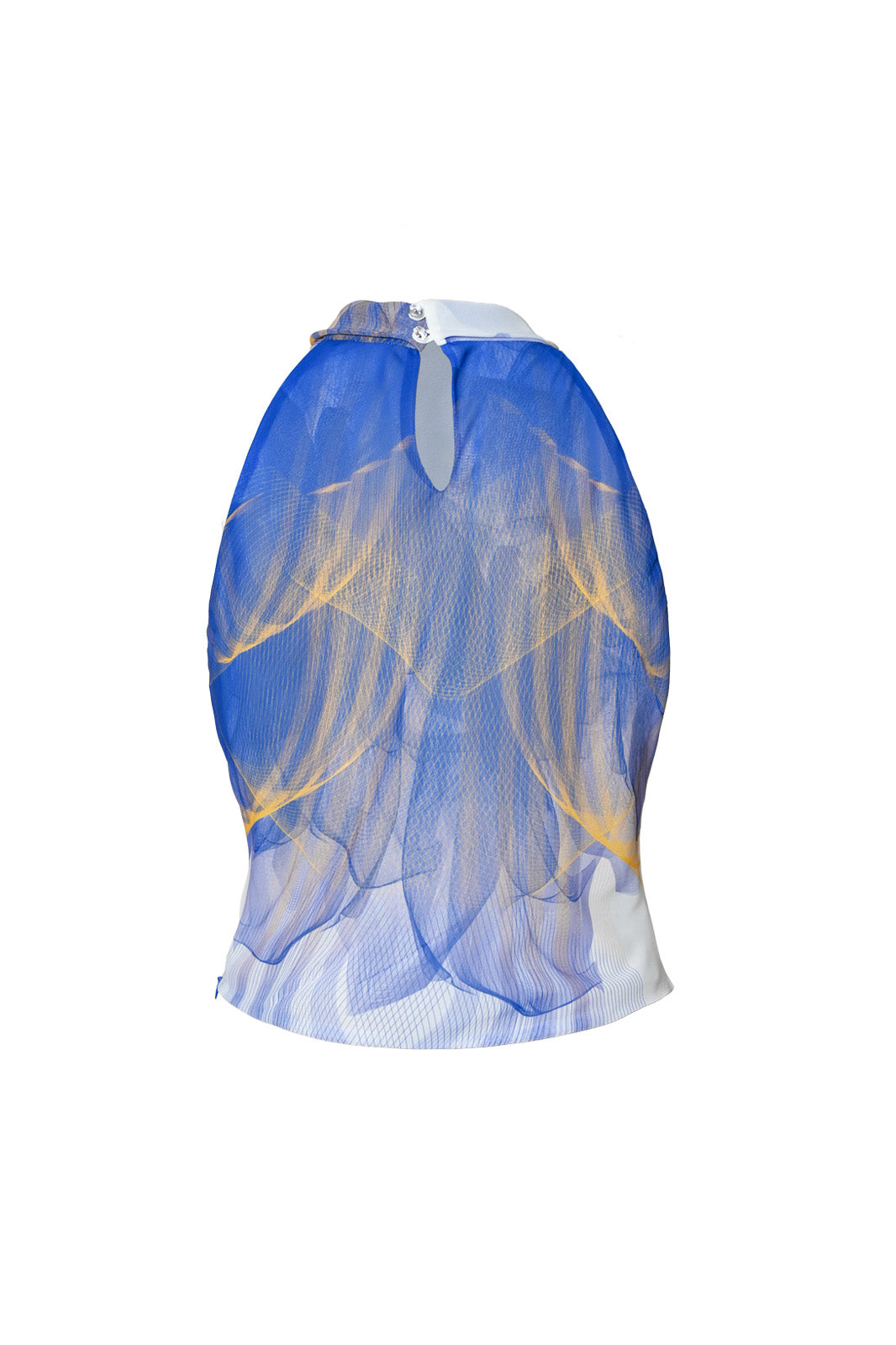White,Blue and Yellow Lilium Bosniacum Sleeveless Turtleneck Chiffon Top