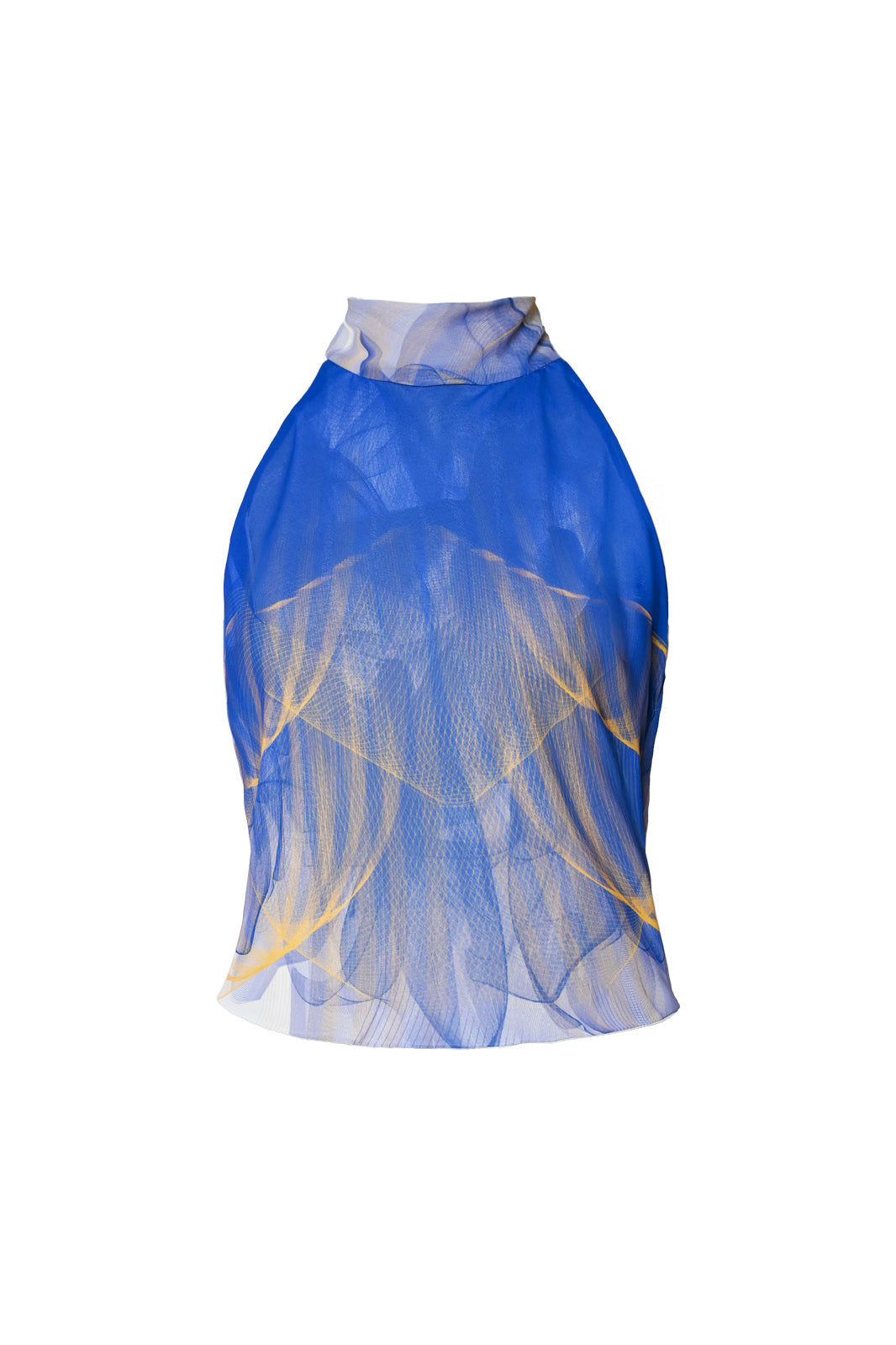 White,Blue and Yellow Lilium Bosniacum Sleeveless Turtleneck Chiffon Top