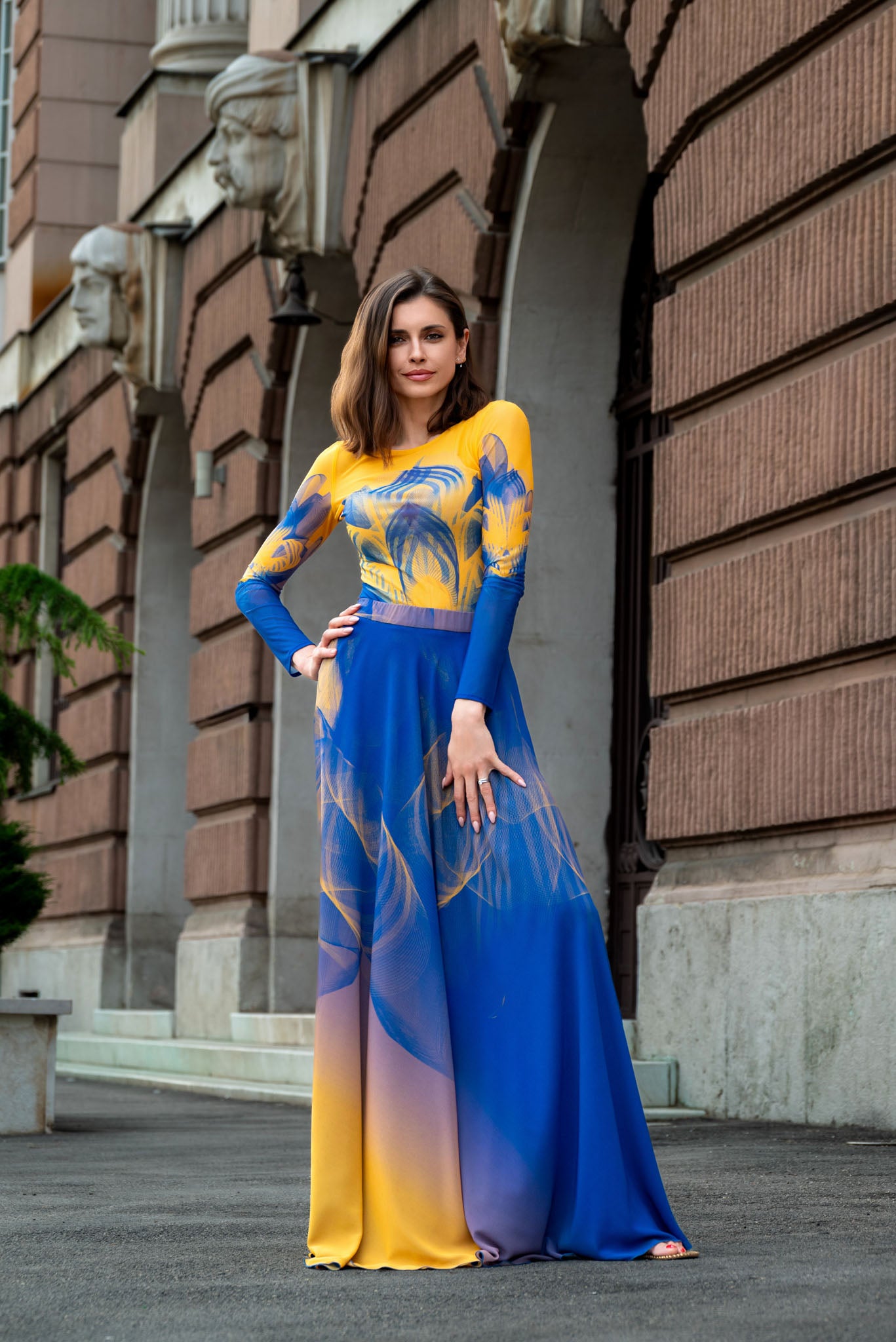 Blue and Yellow Lilium Bosniacum  Chiffon Maxi Skirt
