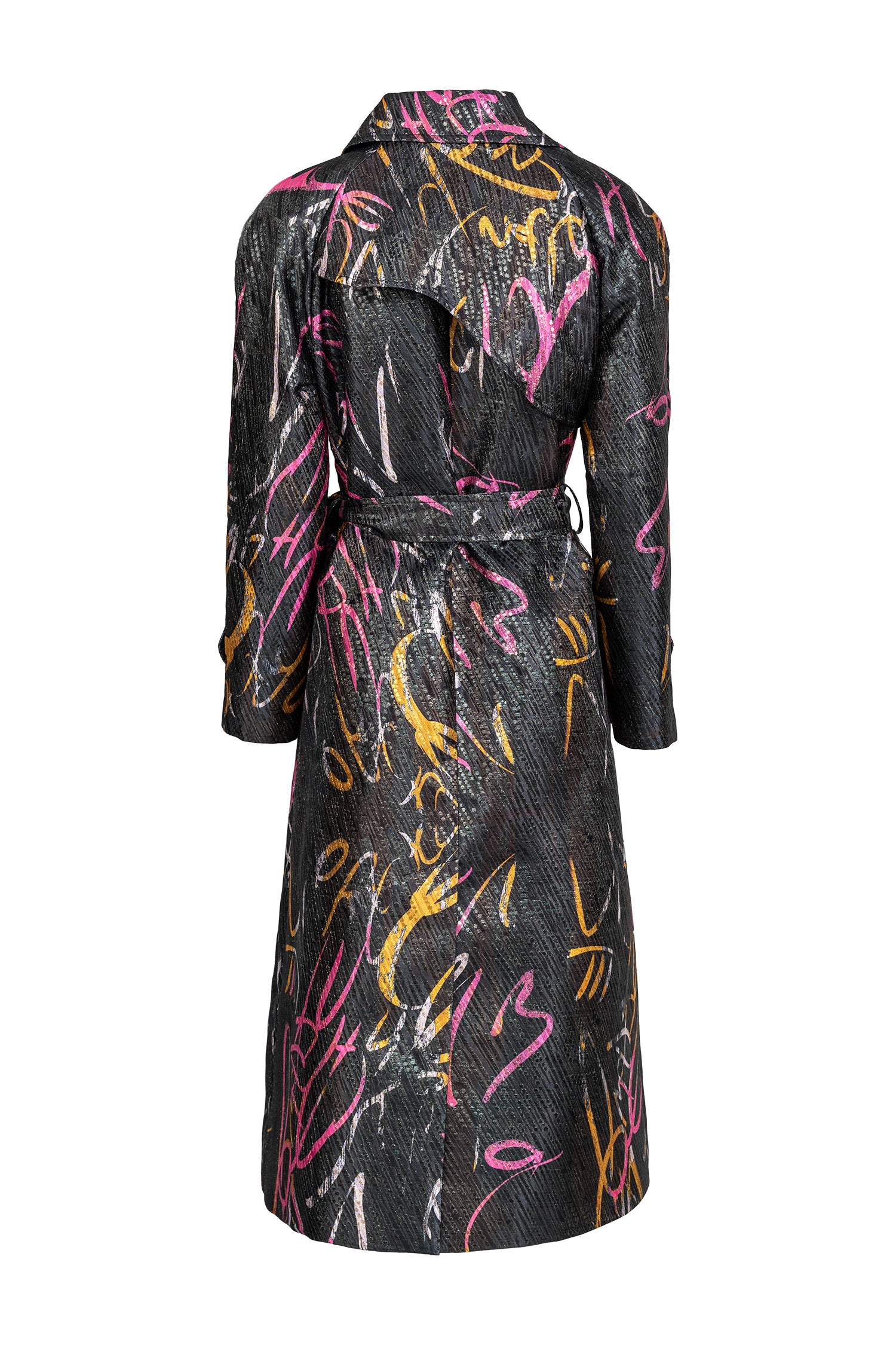 Black Multicolor Brocade Lapel Trench Coat