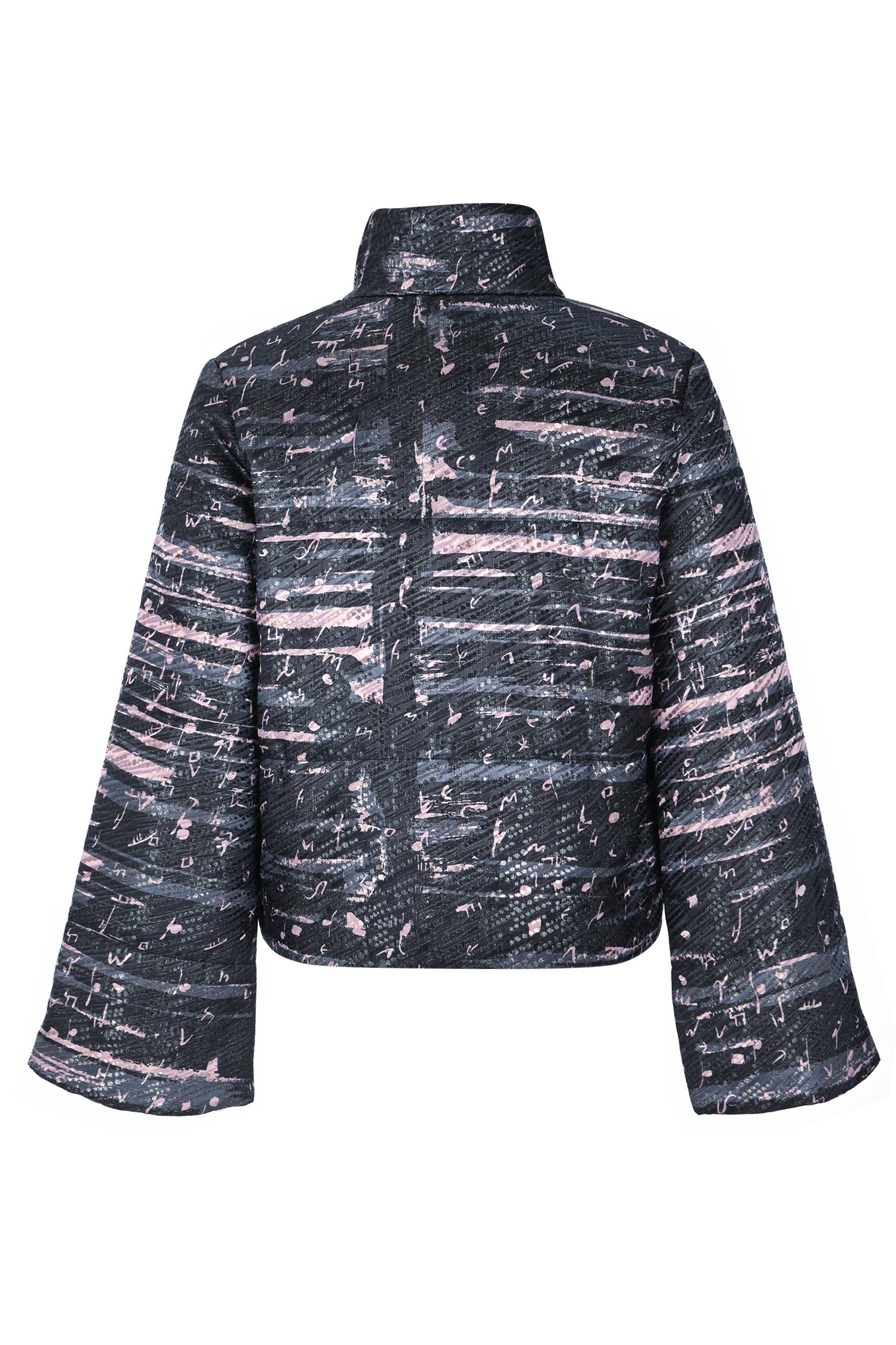 Black Pink High Collar Brocade Winter Jacket