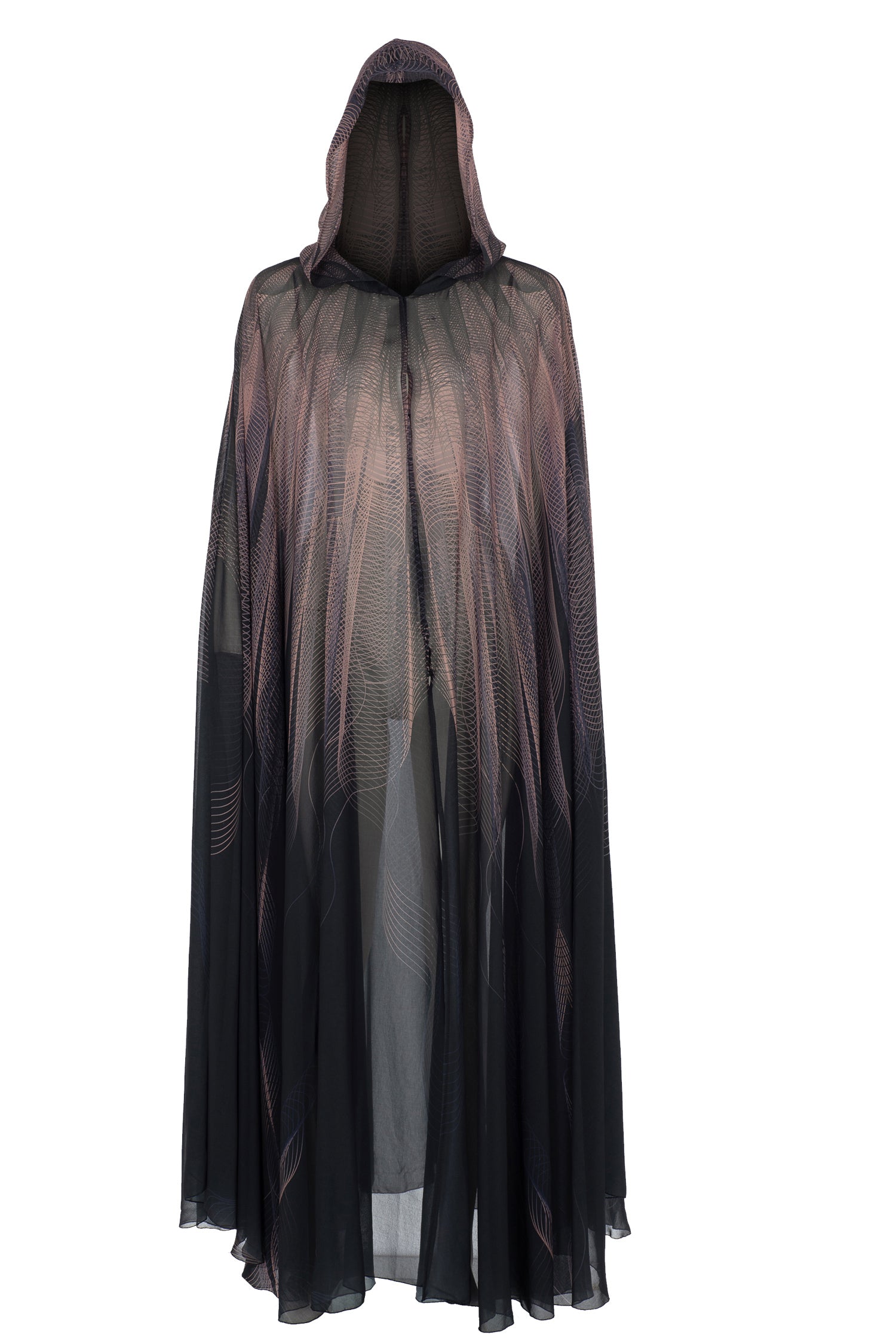 Black Pink Printed Chiffon Hooded Abaya Cape