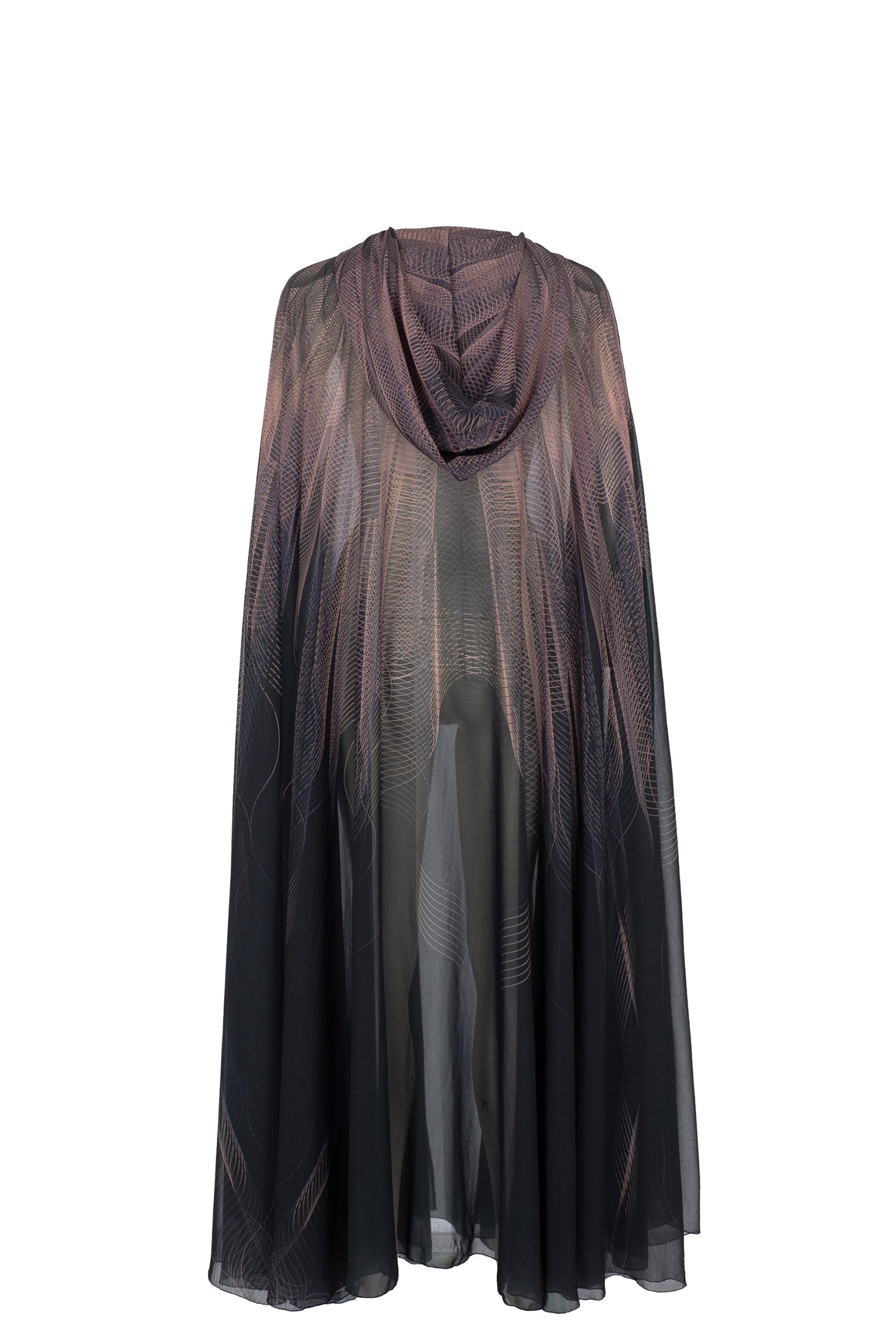 Black Pink Printed Chiffon Hooded Abaya Cape