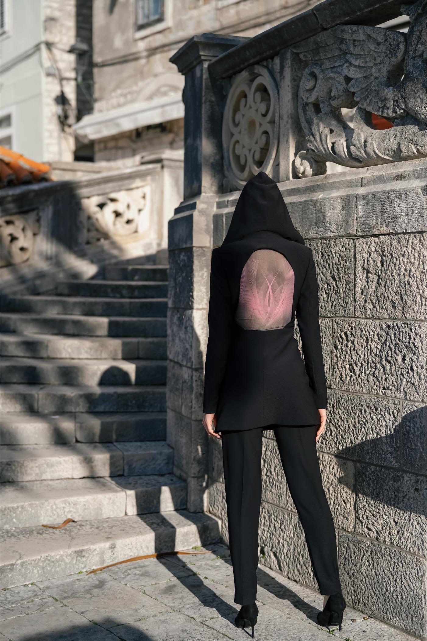 Black Plunging Back Hooded Blazer