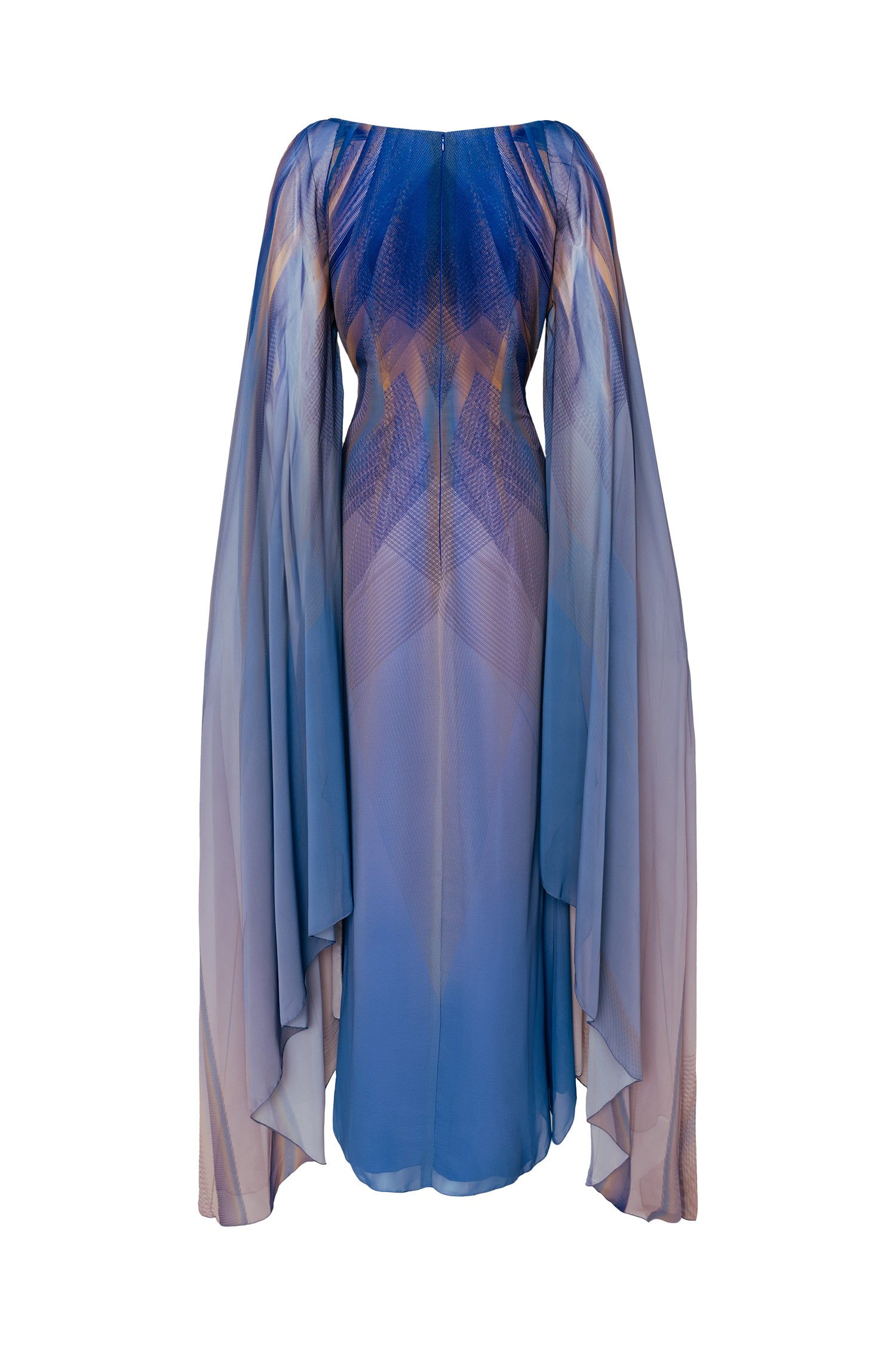 Blue Peach Chiffon Long Draped Sleeves Gown