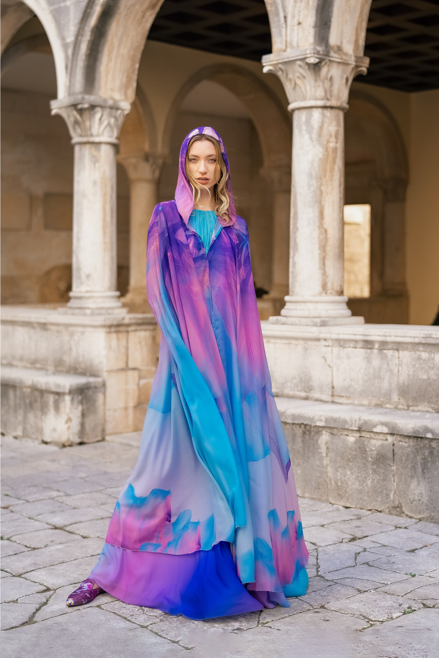 Blue Pink Sunset Print Hooded Abaya Cape