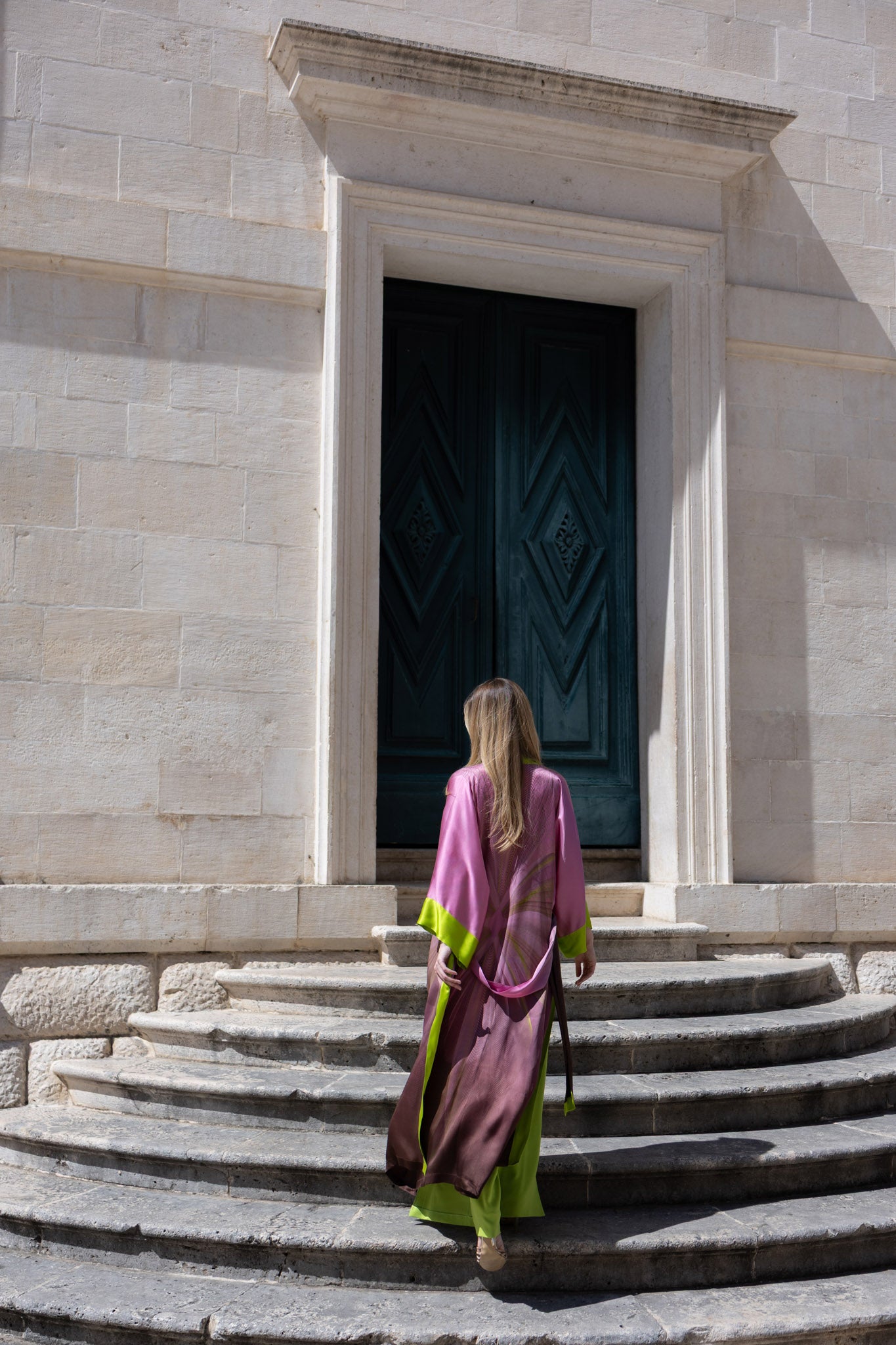 Brown and Rose Pink Butterfly Kimono Silk Dress