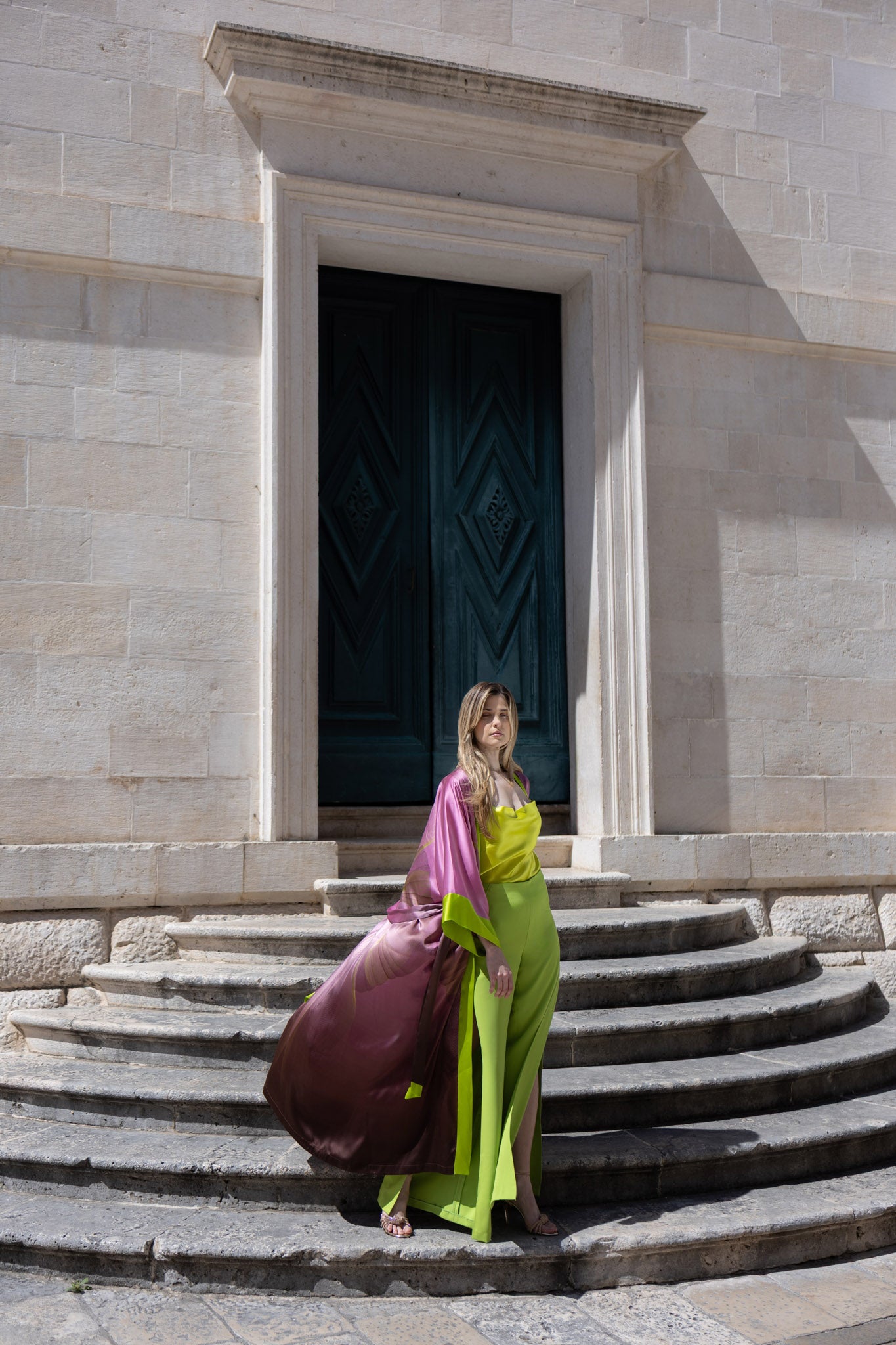 Brown and Rose Pink Butterfly Kimono Silk Dress