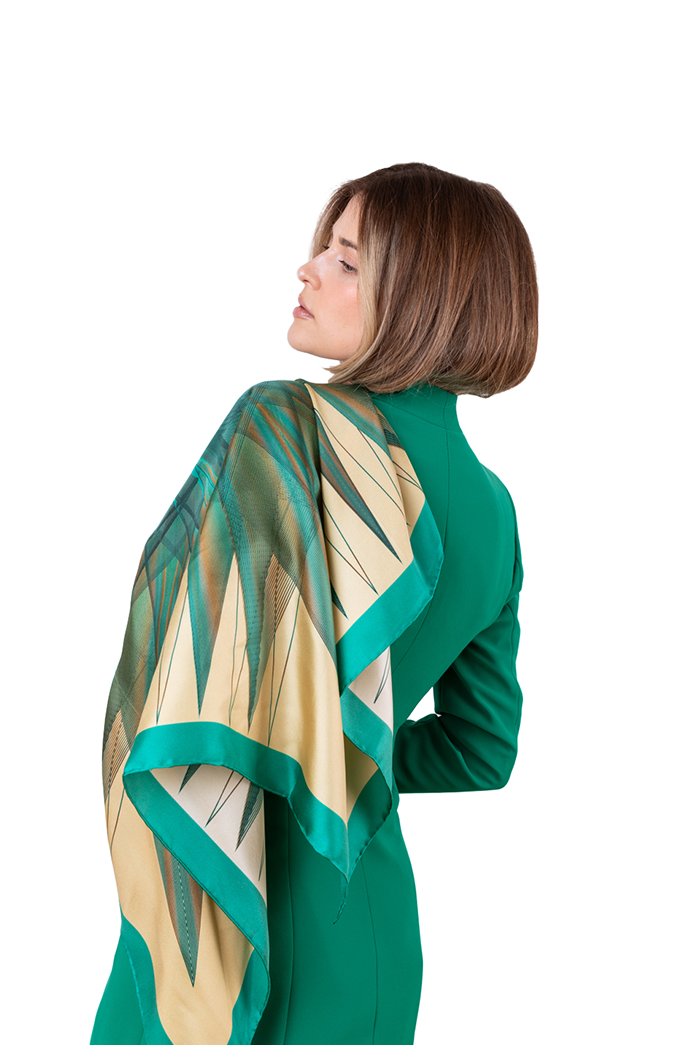 Green Beige Borealis Emerald Printed Silk Scarf