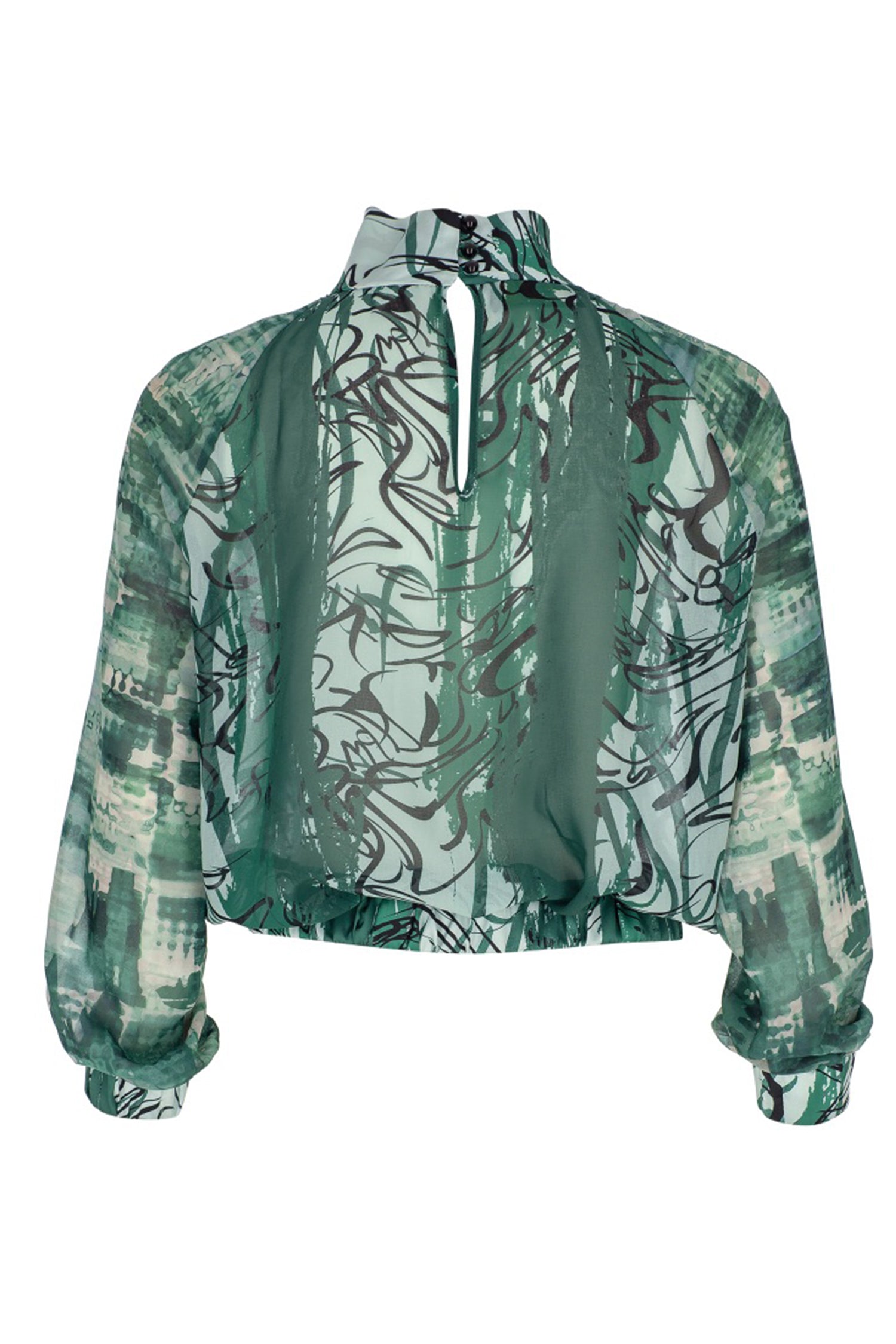 Green Printed Chiffon Stand-Collar Blouse