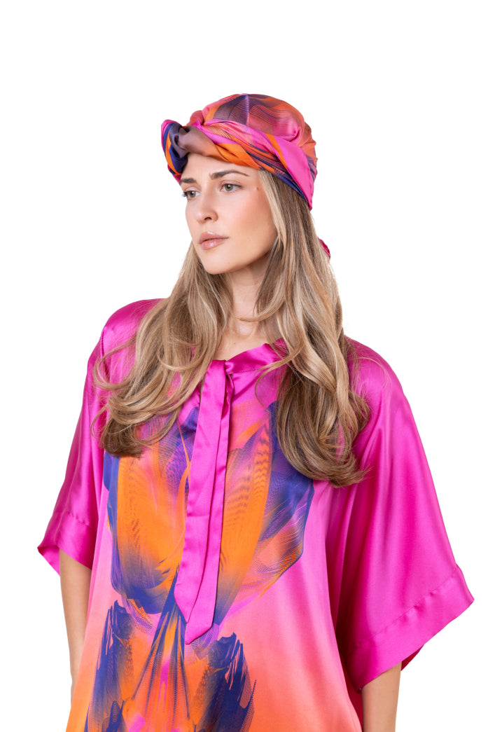 Magenta Pink Coral Sunset Printed Silk Scarf