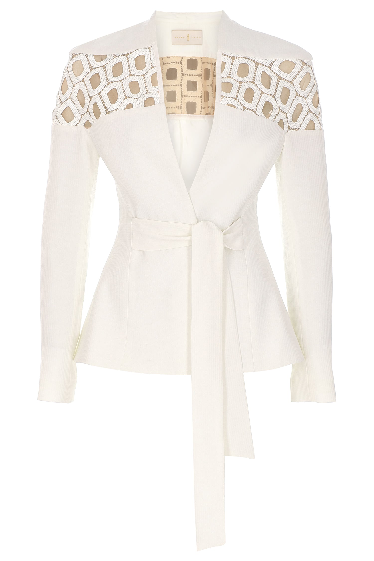 Off White Crepe Sequin Laser-cut Tailored Suit