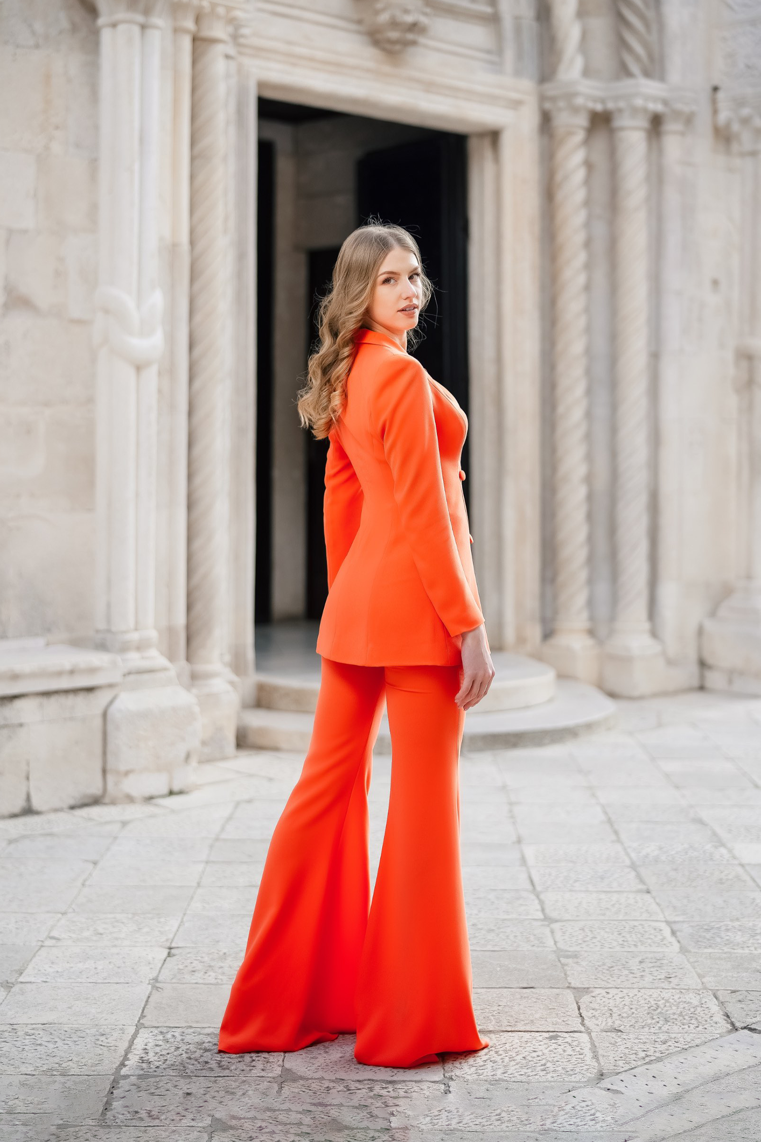 Orange Crepe Scarf Cutout Double Breasted Blazer