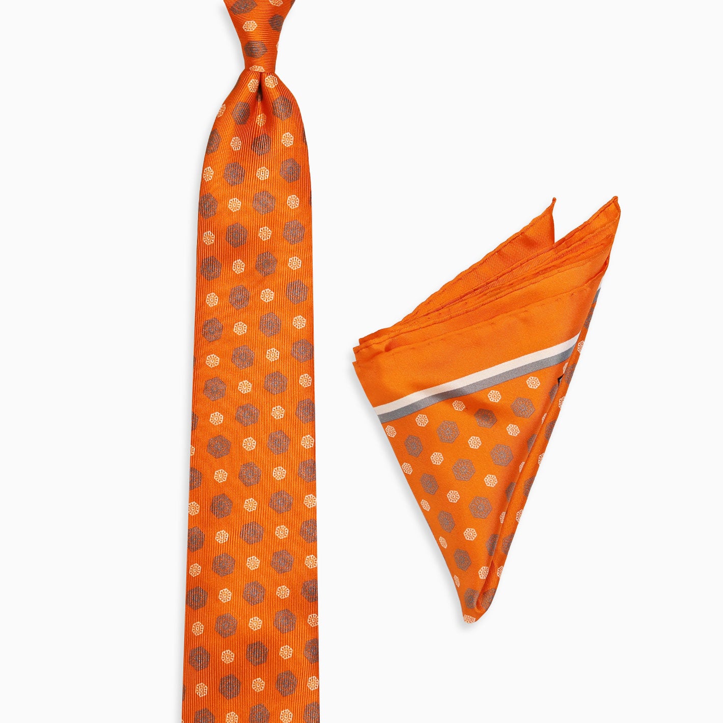 Orange Grey White Vijećnica Tie Pocket Square Set