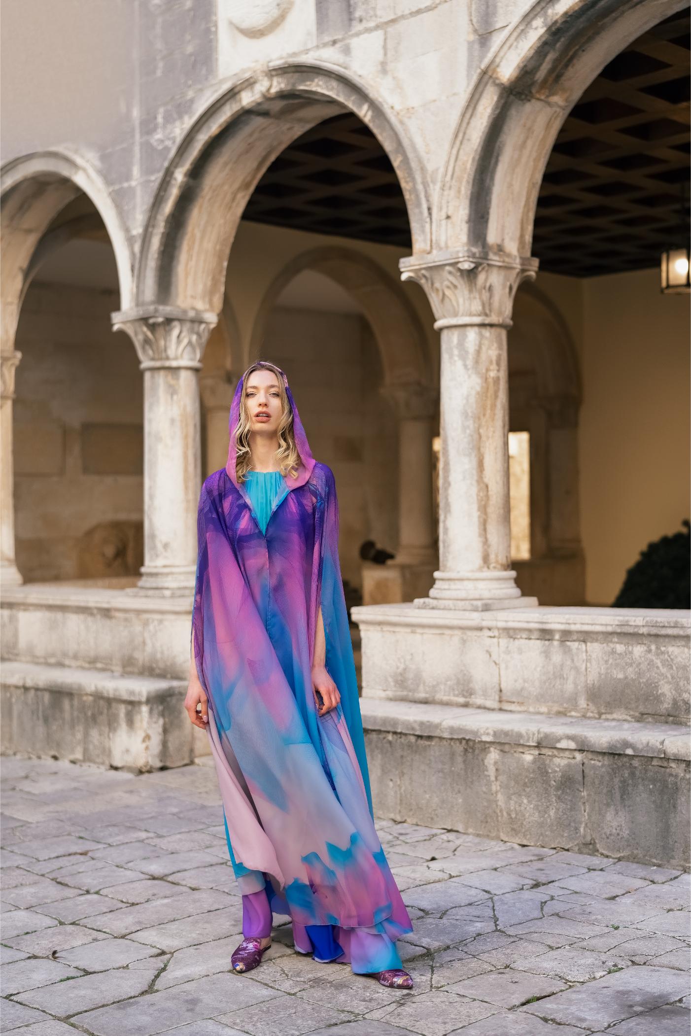 Pink Blue Sunset Print Hooded Abaya Cape