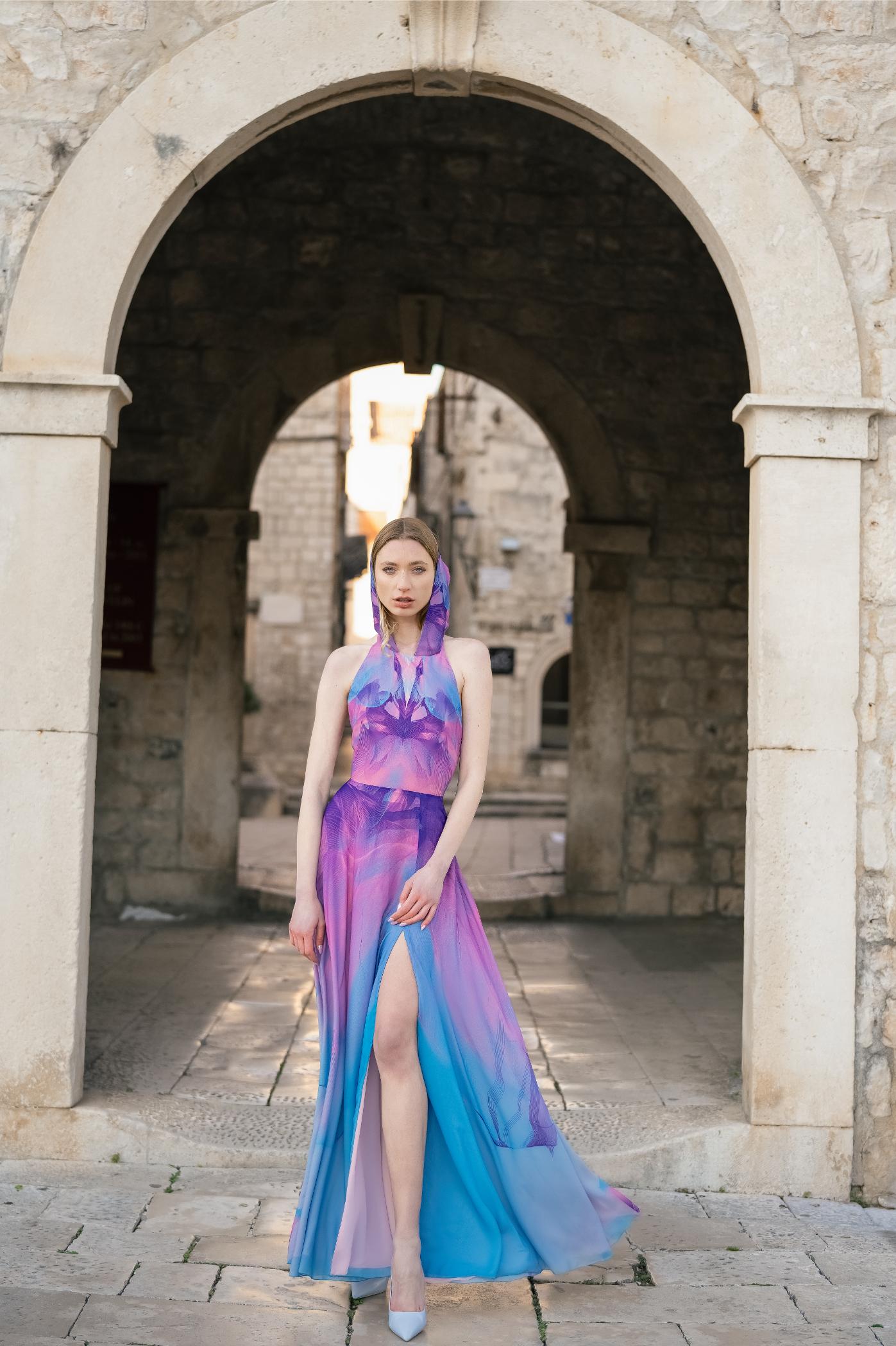 Pink Blue Sunset Print Hooded Dress